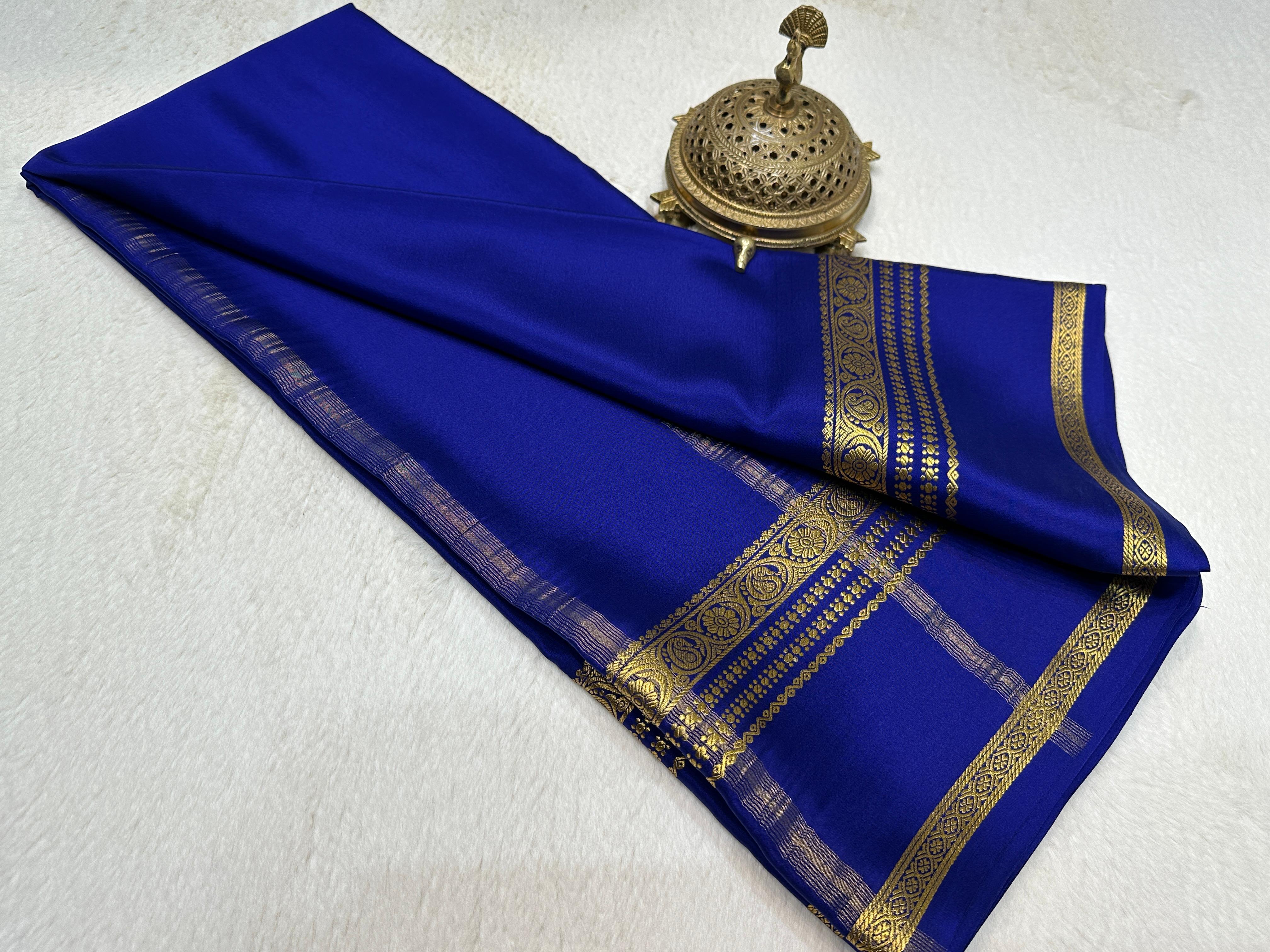 Navy Blue Pure Mysore Silk by Icultuer: Floral Bentex Border, Rich Pallu