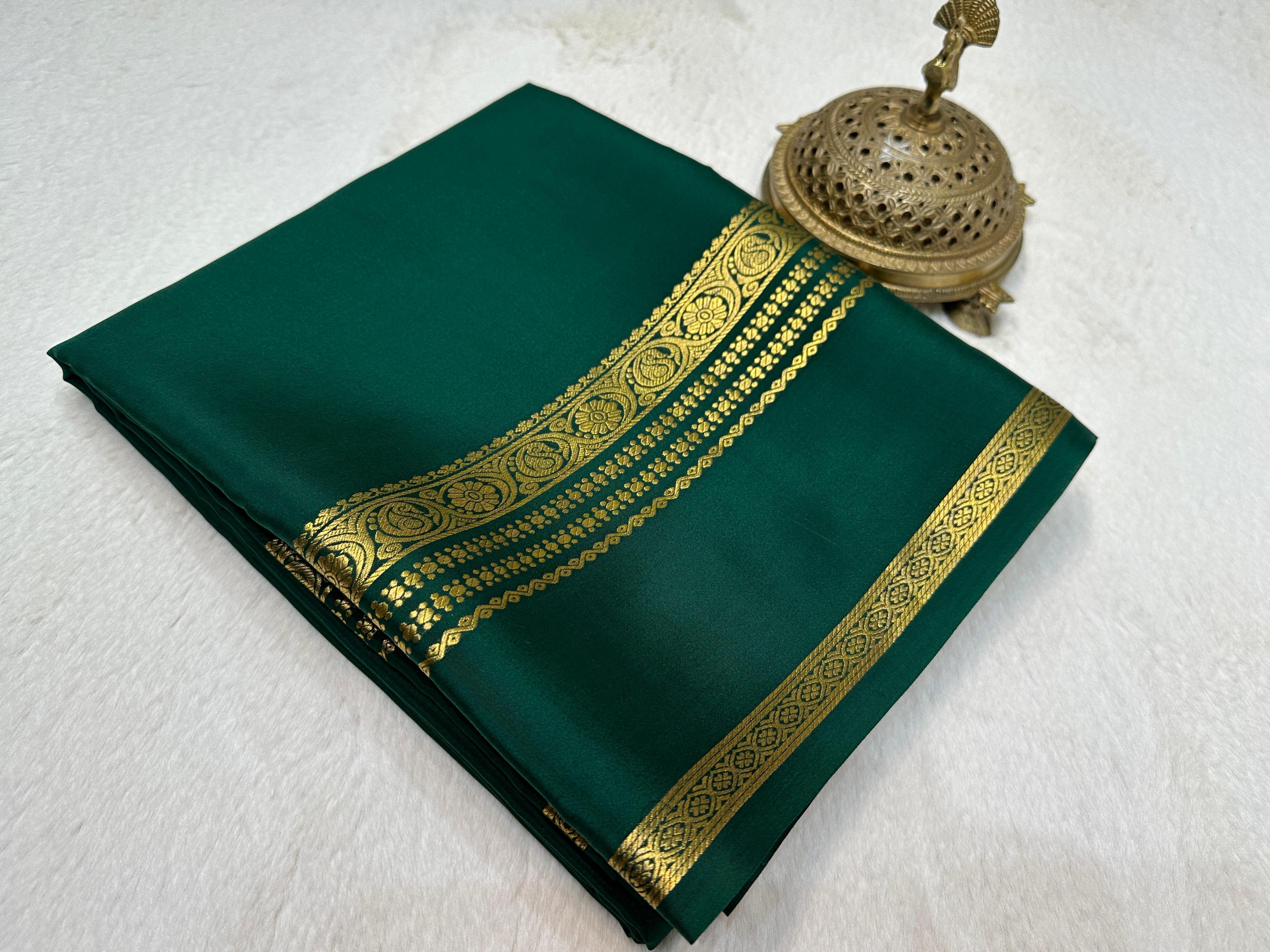 Bottle green plain four border pure mysore crepe silk by Icultuer