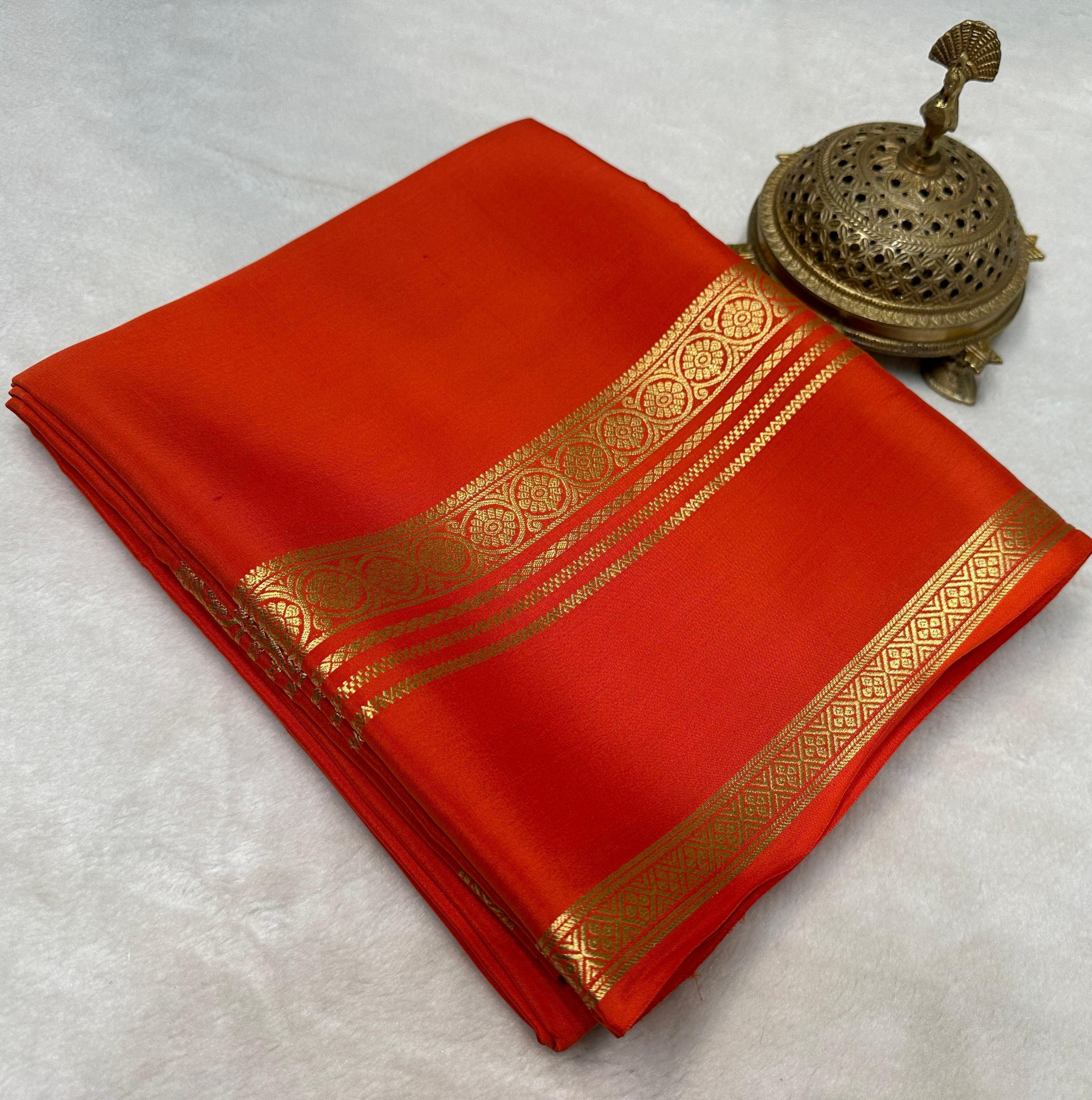 Pure Mysore Silk by Icultuer in Orange Color with Contrast  Blouse