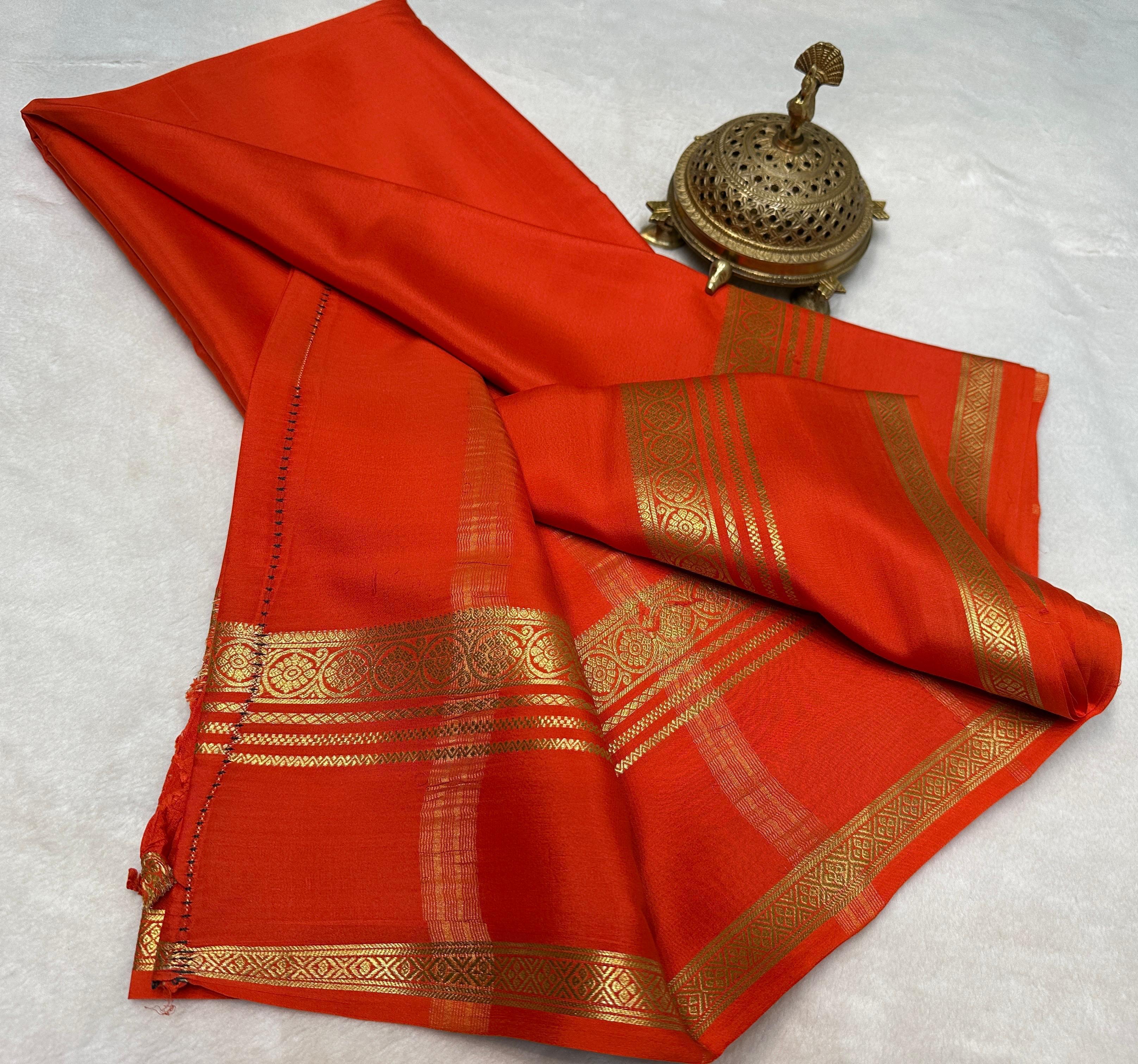 Pure Mysore Silk by Icultuer in Orange Color with Contrast  Blouse