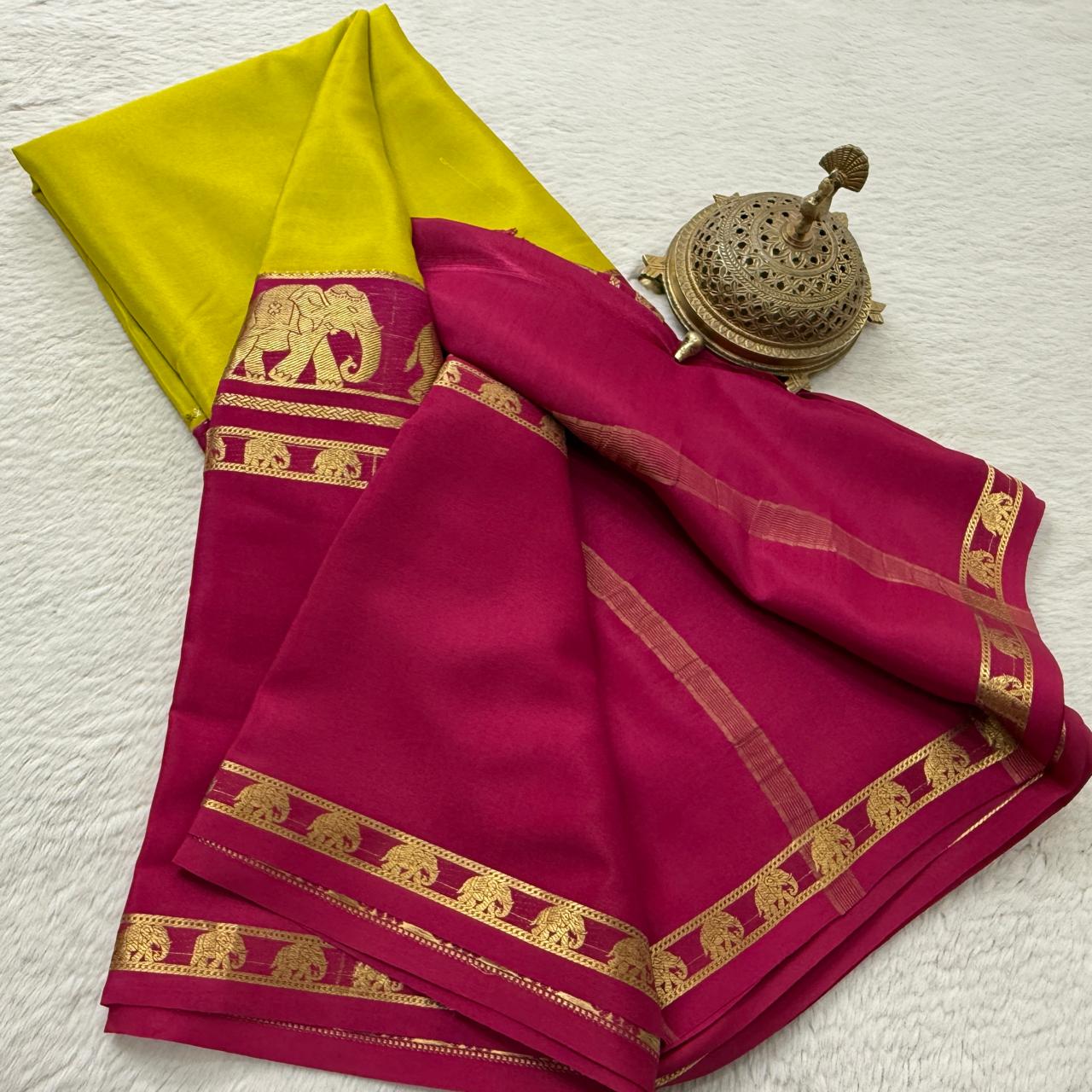 Semi Crepe Silk Saree with Traditional Elephant Bentex Border | Contrast Color Combination | 120 GSM | Party & Festival Wear