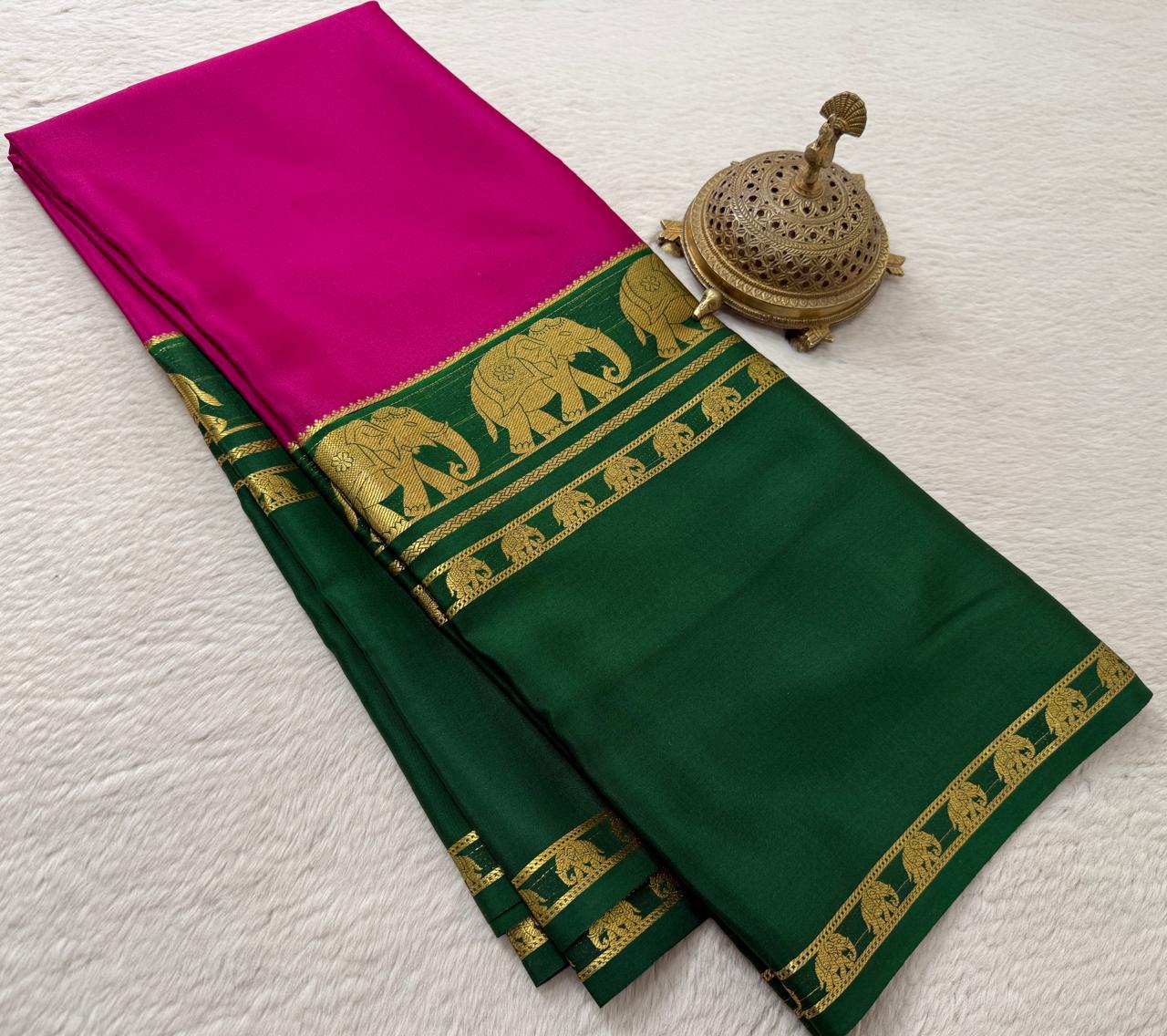 Semi Crepe Silk Saree with Traditional Elephant Bentex Border | Contrast Color Combination | 120 GSM | Party & Festival Wear