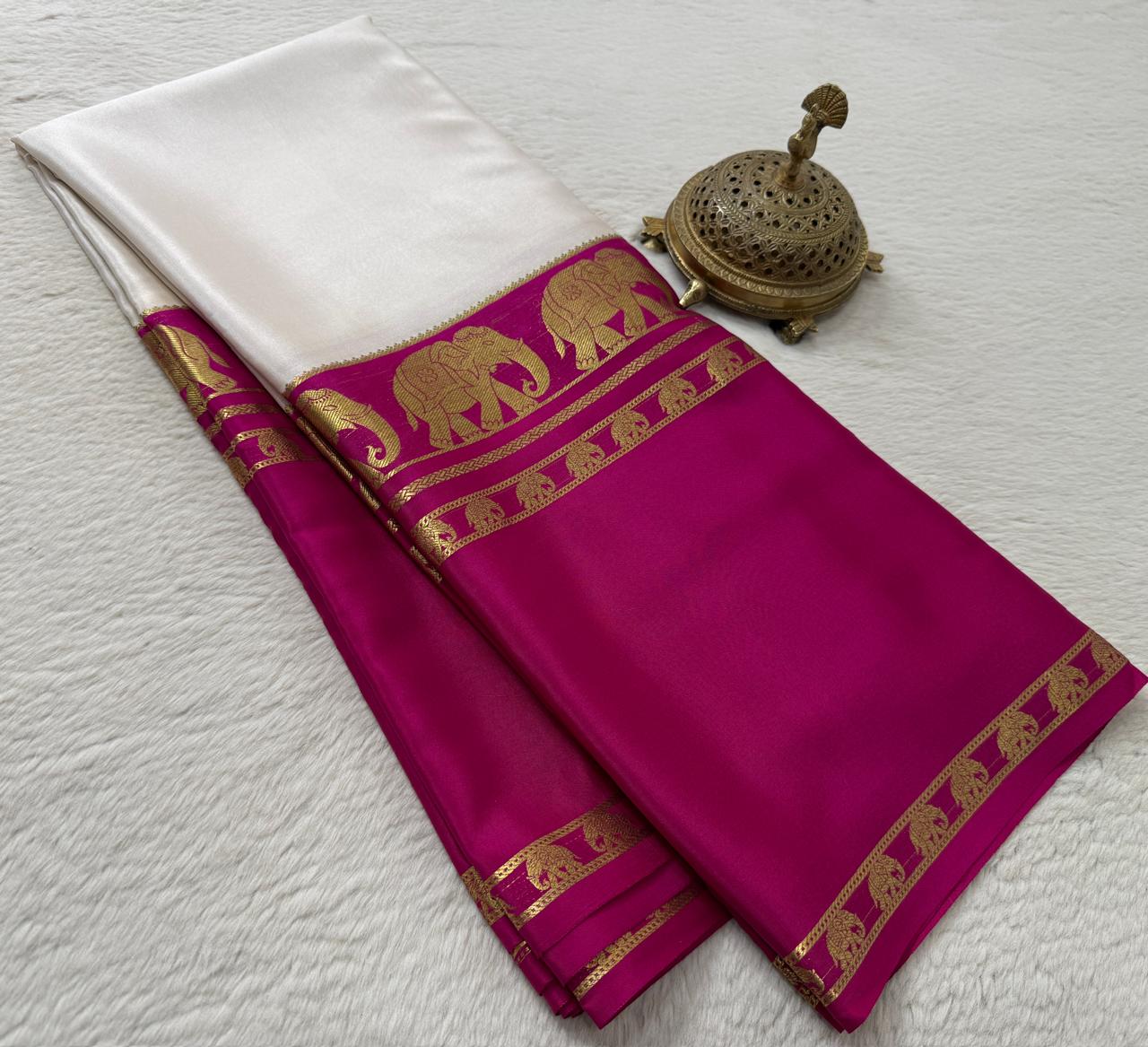 Semi Crepe Silk Saree with Traditional Elephant Bentex Border | Contrast Color Combination | 120 GSM | Party & Festival Wear