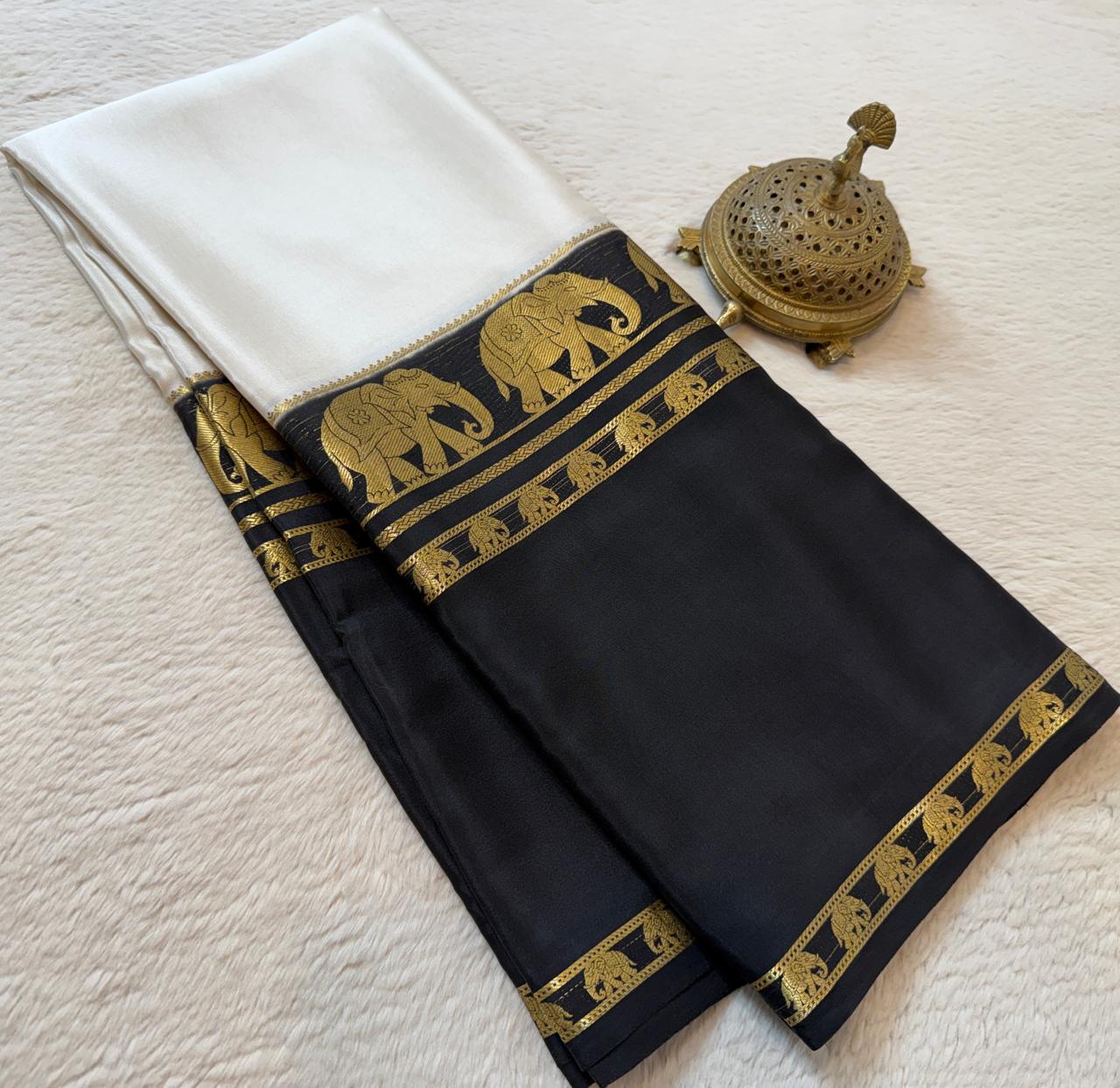 Semi Crepe Silk Saree with Traditional Elephant Bentex Border | Contrast Color Combination | 120 GSM | Party & Festival Wear