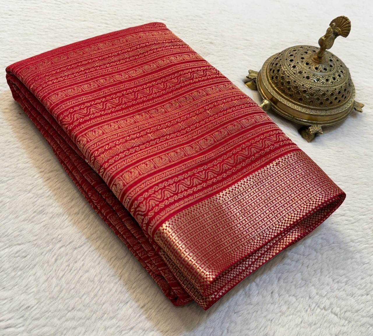 Brocade Semi Silk Bridal Saree with Rich Pallu – Peacock Motifs & Salari Stripes Design