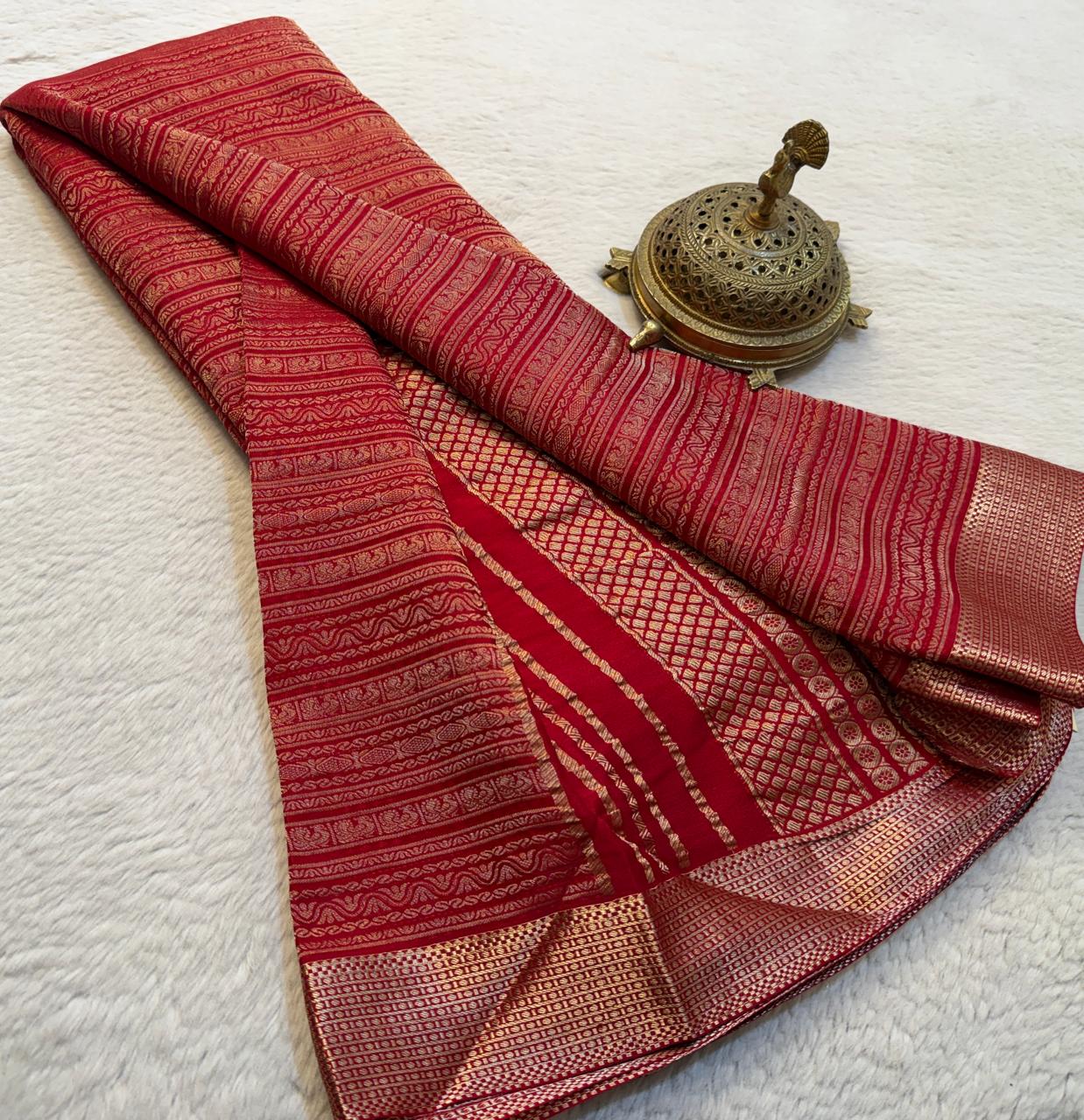 Brocade Semi Silk Bridal Saree with Rich Pallu – Peacock Motifs & Salari Stripes Design
