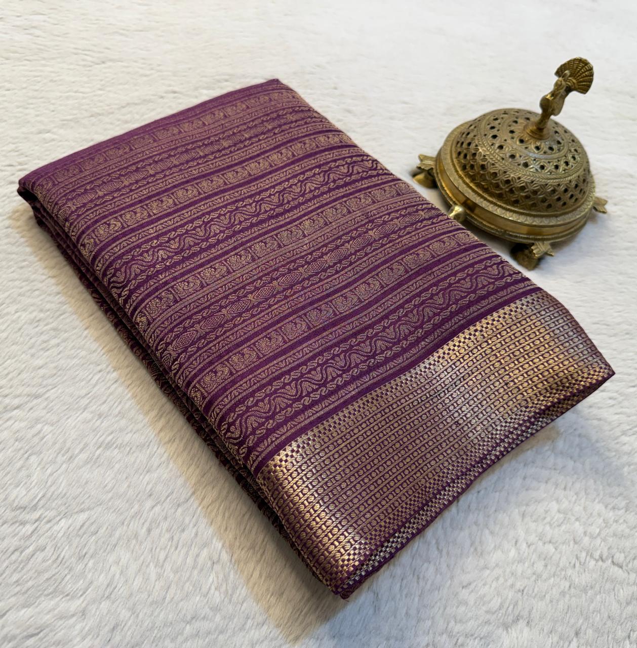 Brocade Semi Silk Bridal Saree with Rich Pallu – Peacock Motifs & Salari Stripes Design