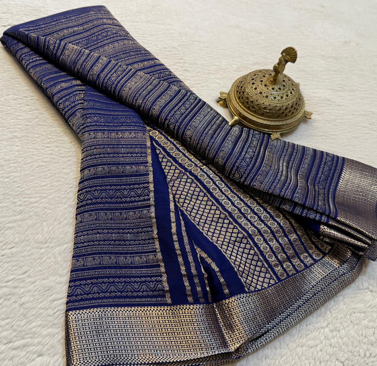 Brocade Semi Silk Bridal Saree with Rich Pallu – Peacock Motifs & Salari Stripes Design