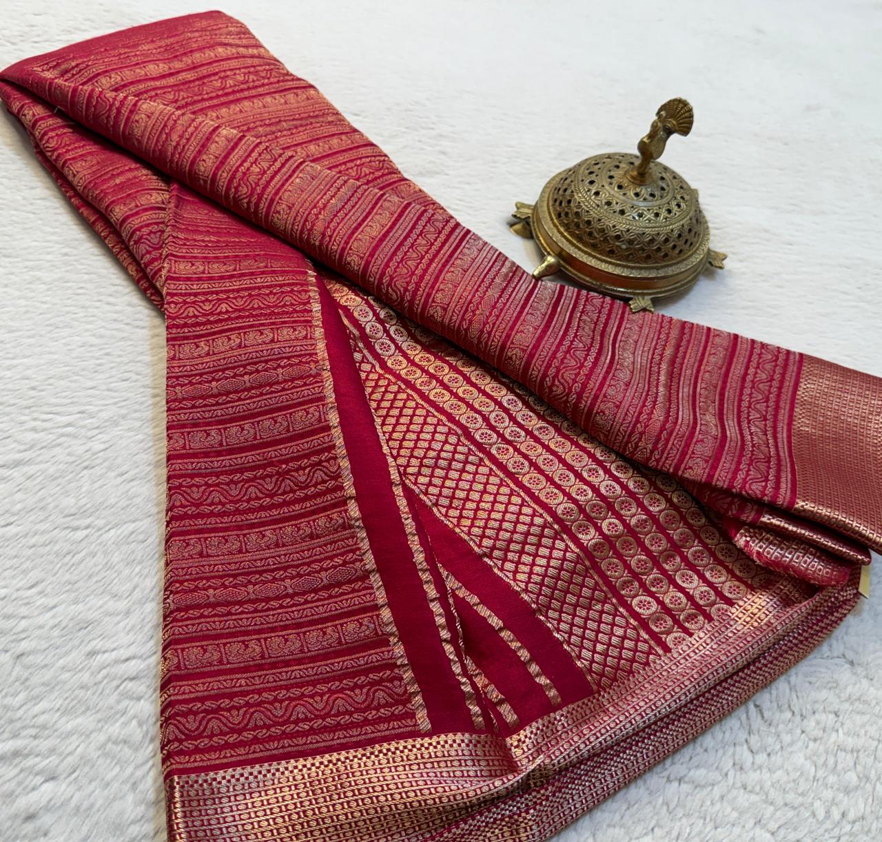 Brocade Semi Silk Bridal Saree with Rich Pallu – Peacock Motifs & Salari Stripes Design