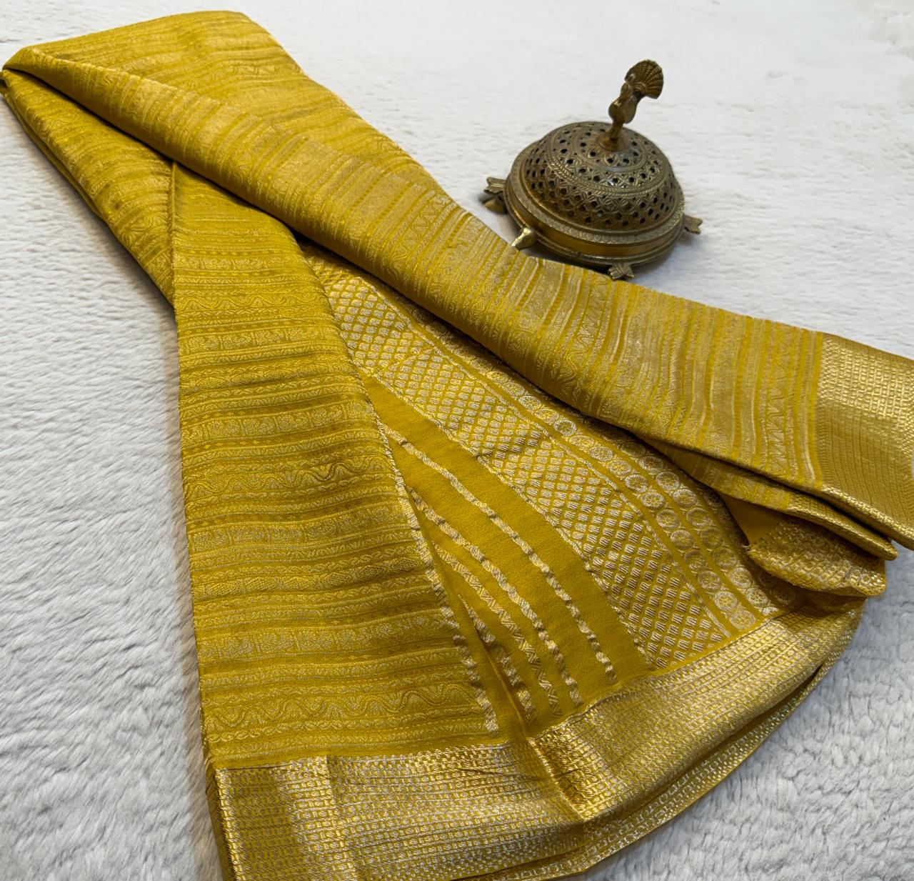 Brocade Semi Silk Bridal Saree with Rich Pallu – Peacock Motifs & Salari Stripes Design