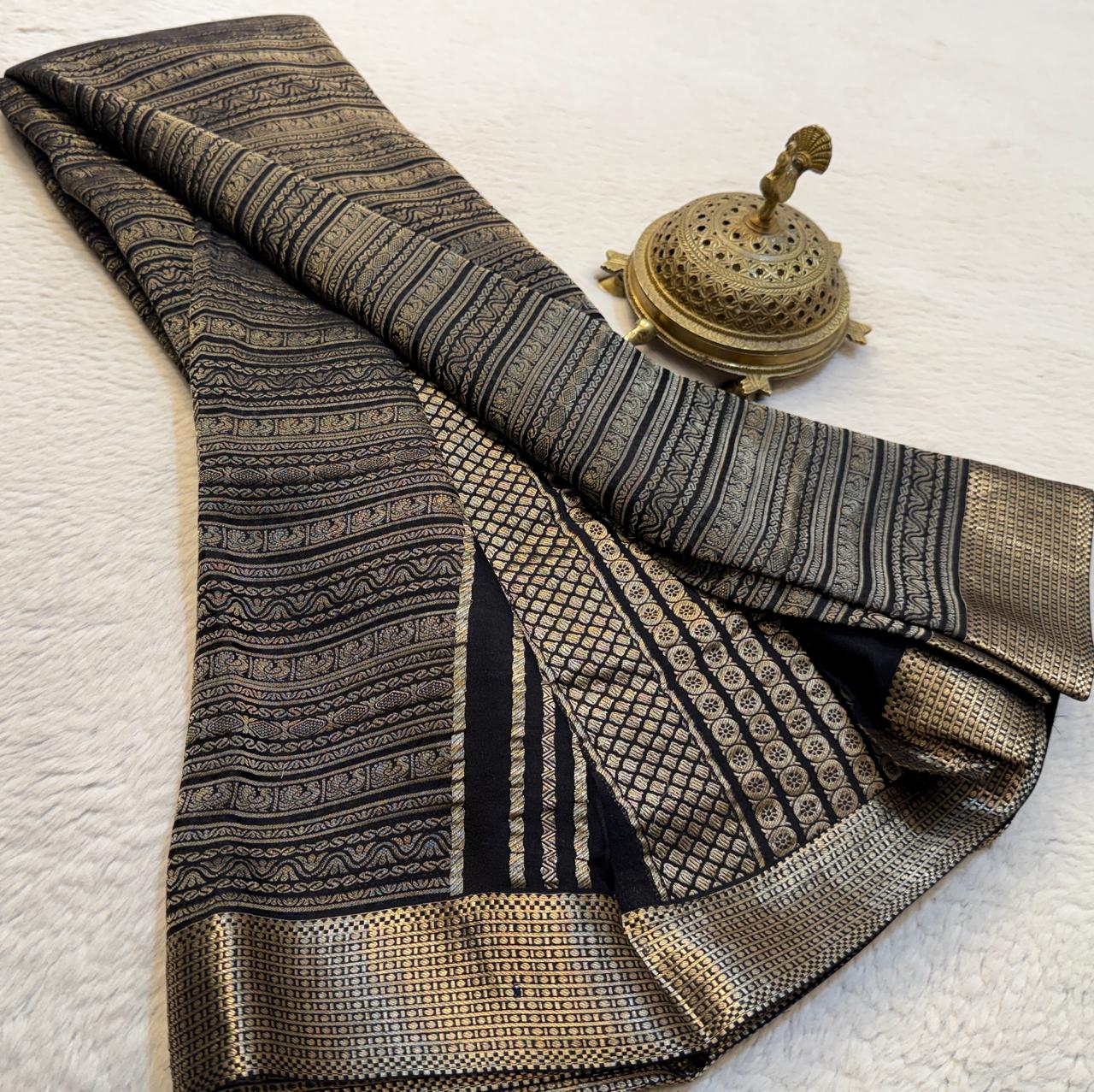 Brocade Semi Silk Bridal Saree with Rich Pallu – Peacock Motifs & Salari Stripes Design