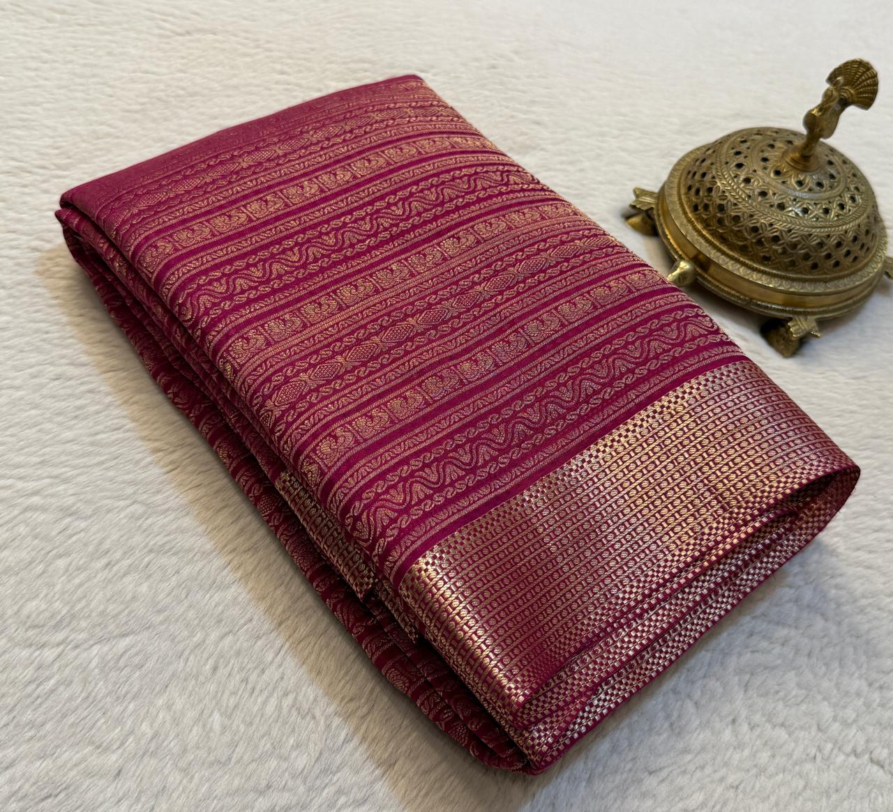 Brocade Semi Silk Bridal Saree with Rich Pallu – Peacock Motifs & Salari Stripes Design