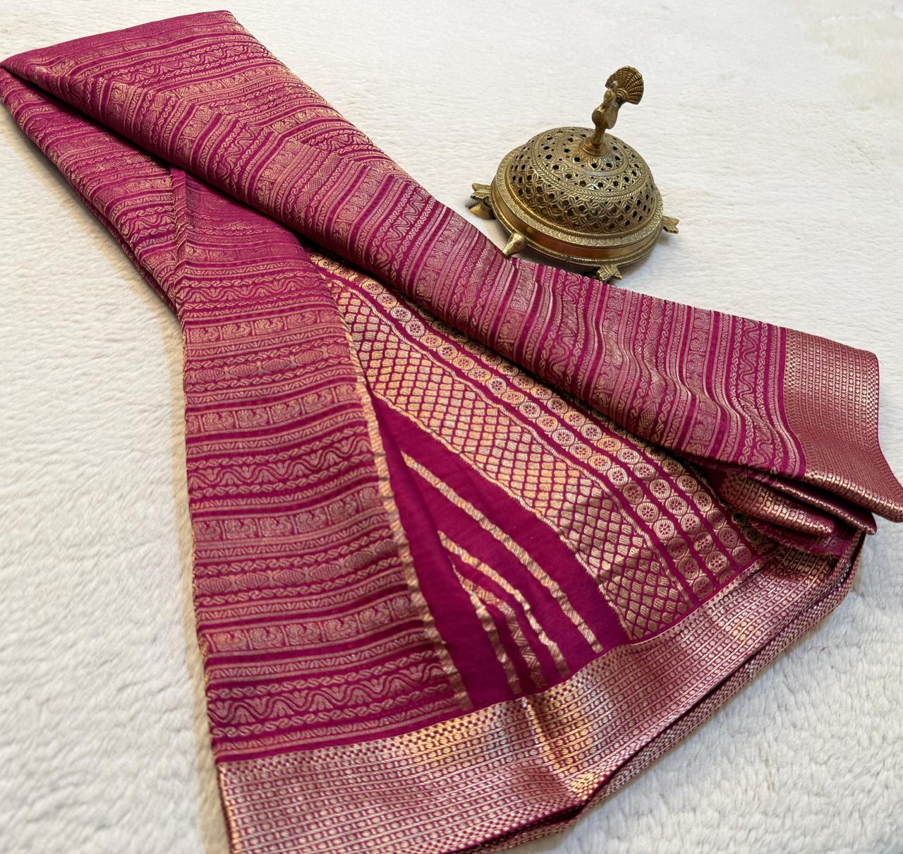 Brocade Semi Silk Bridal Saree with Rich Pallu – Peacock Motifs & Salari Stripes Design