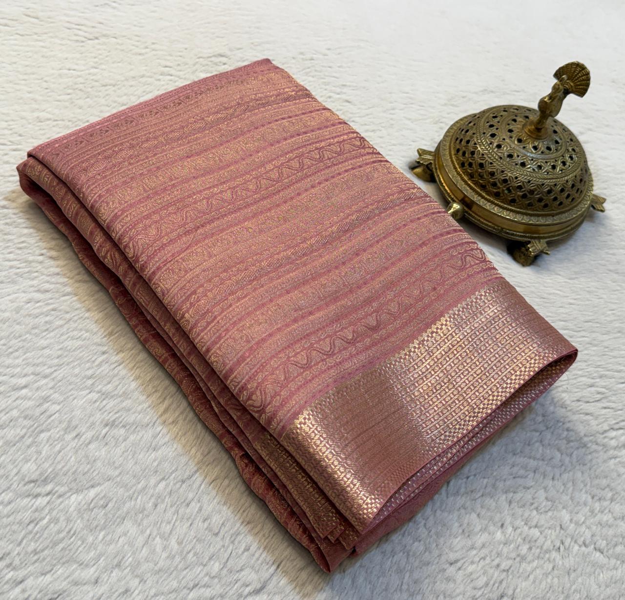 Brocade Semi Silk Bridal Saree with Rich Pallu – Peacock Motifs & Salari Stripes Design