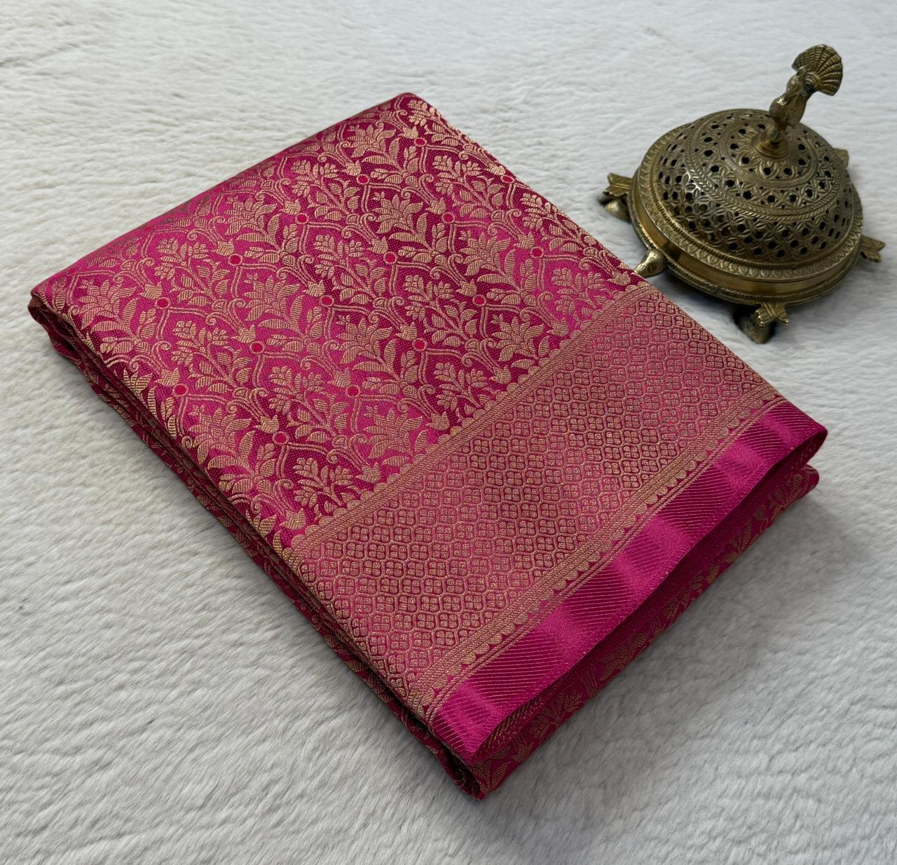 Soft Brocade Silk Saree with Meenakari Zari Weaving – Rich Pallu & Butta Blouse