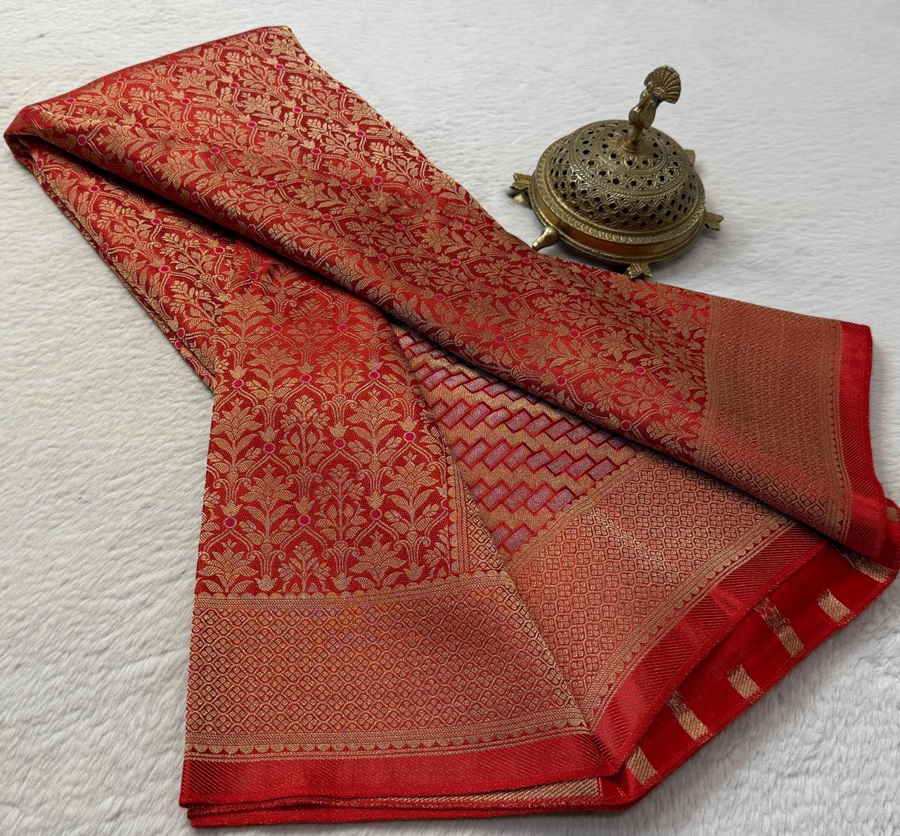Soft Brocade Silk Saree with Meenakari Zari Weaving – Rich Pallu & Butta Blouse