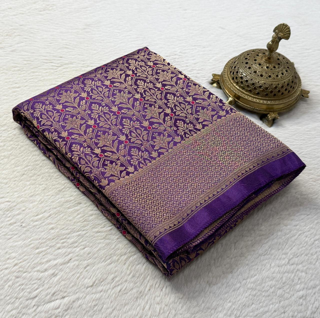 Soft Brocade Silk Saree with Meenakari Zari Weaving – Rich Pallu & Butta Blouse
