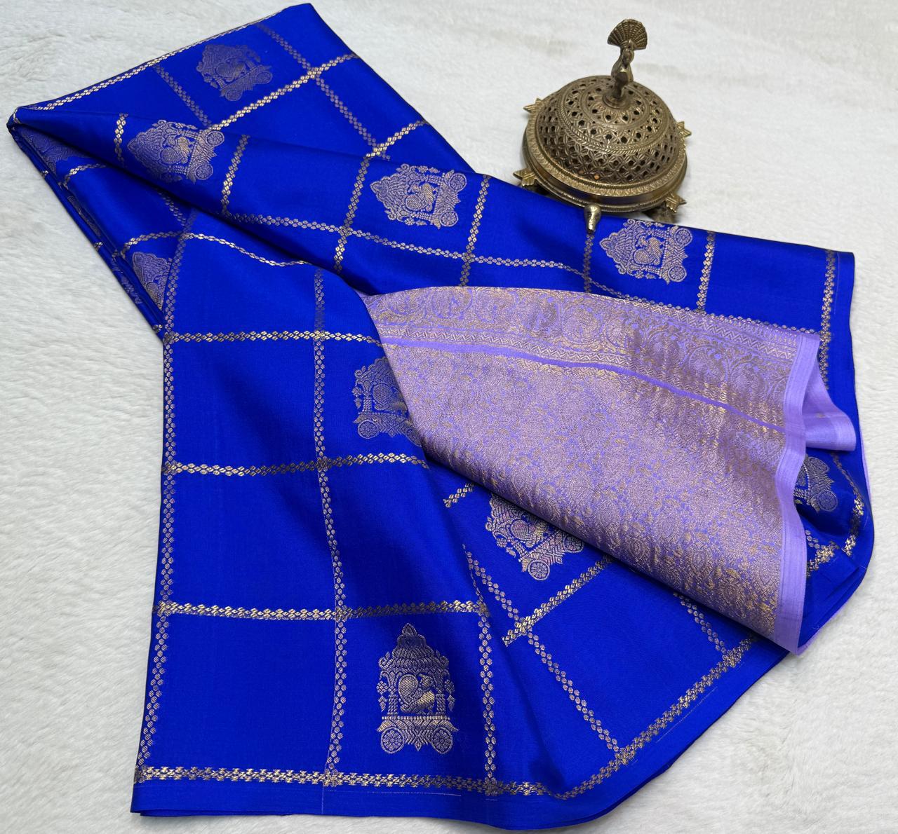 Semi Crepe Silk Saree – Borderless Checks with Chariot & Peacock Motifs | Rich Contrast Pallu
