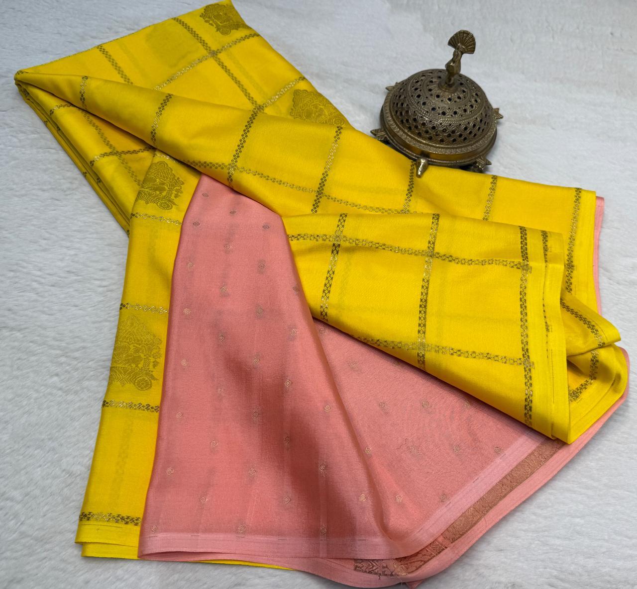 Semi Crepe Silk Saree – Borderless Checks with Chariot & Peacock Motifs | Rich Contrast Pallu