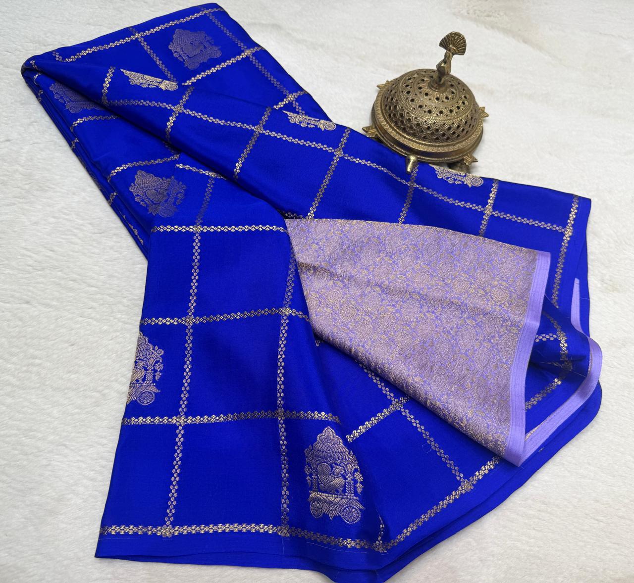 Semi Crepe Silk Saree – Borderless Checks with Chariot & Peacock Motifs | Rich Contrast Pallu
