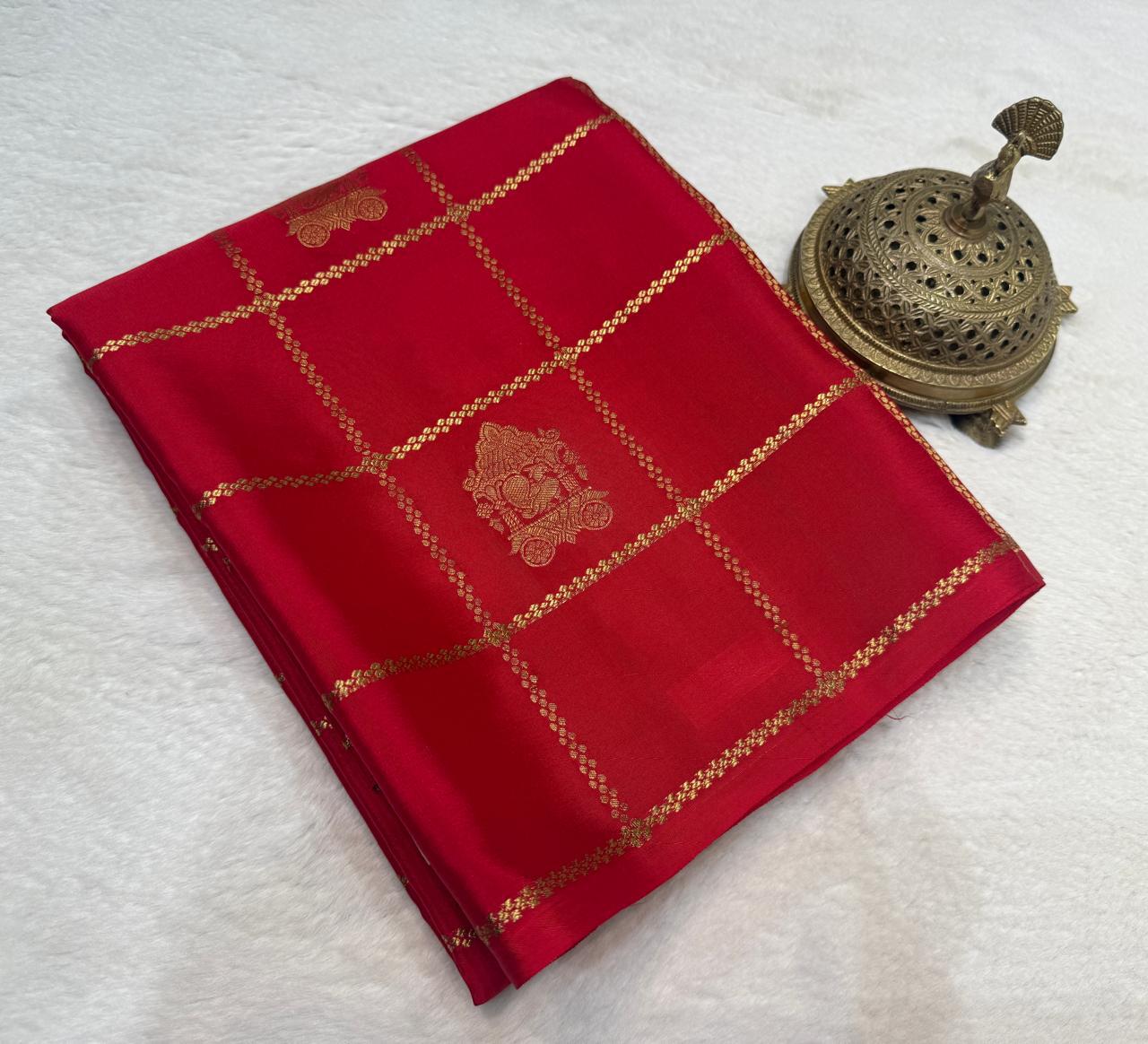 Semi Crepe Silk Saree – Borderless Checks with Chariot & Peacock Motifs | Rich Contrast Pallu