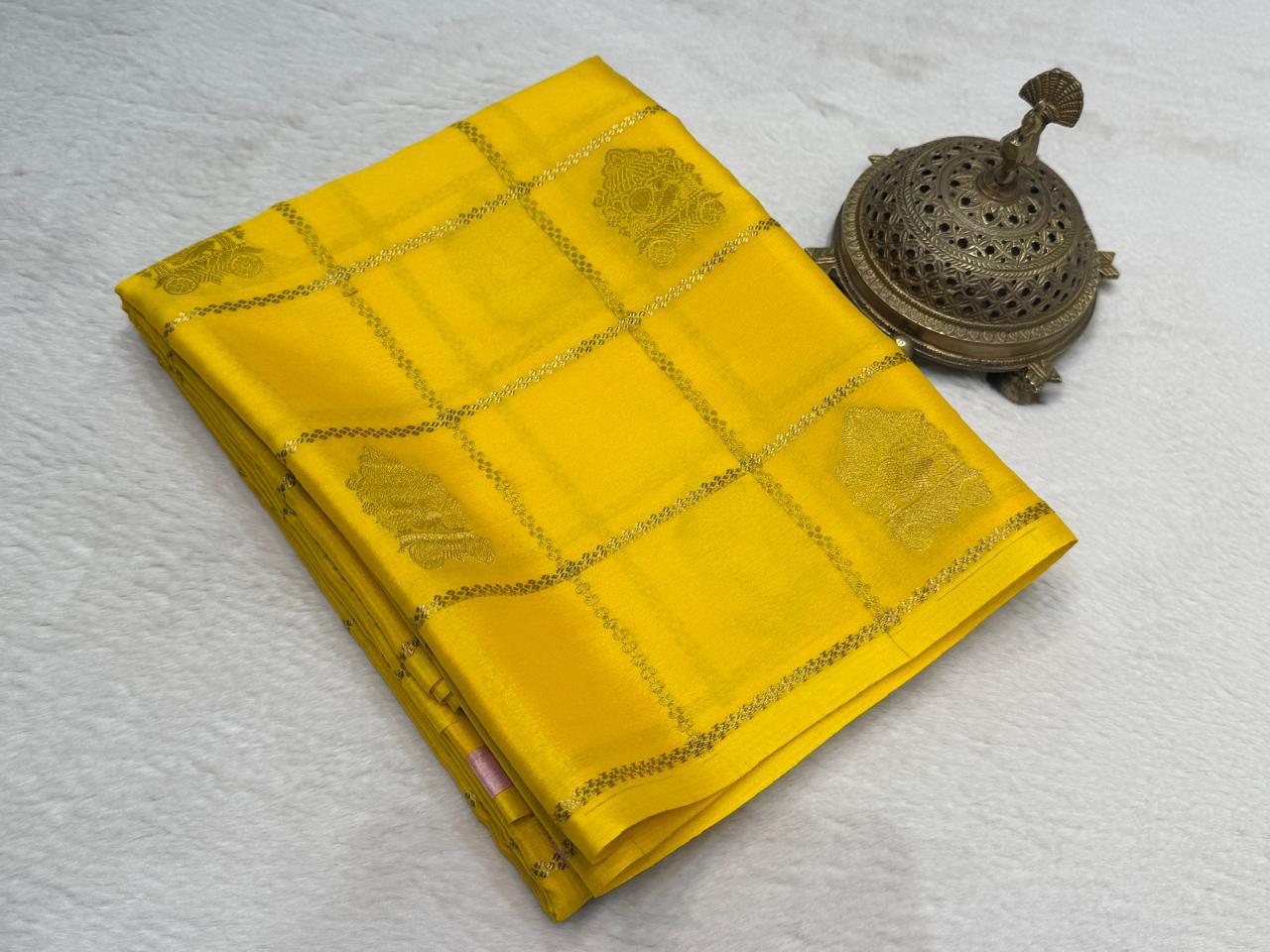 Semi Crepe Silk Saree – Borderless Checks with Chariot & Peacock Motifs | Rich Contrast Pallu