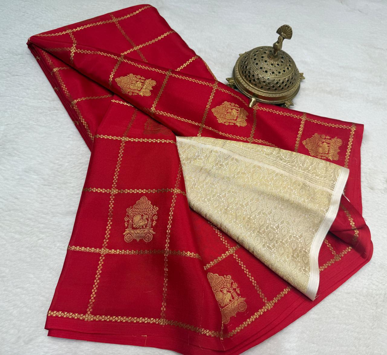 Semi Crepe Silk Saree – Borderless Checks with Chariot & Peacock Motifs | Rich Contrast Pallu