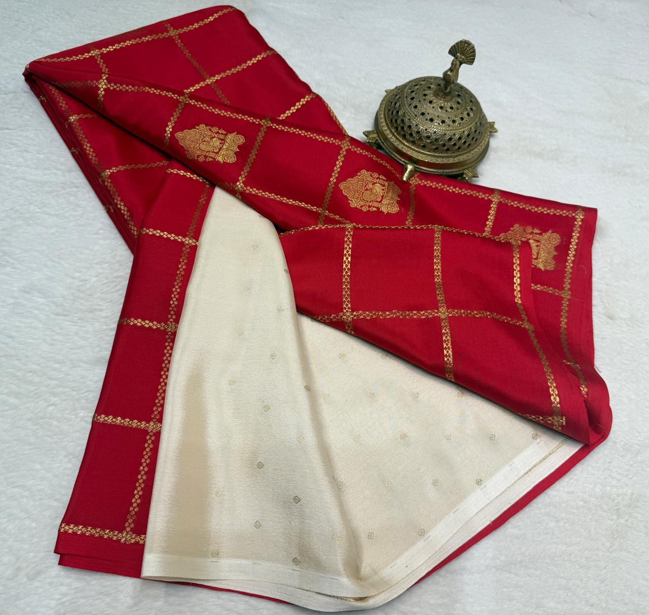 Semi Crepe Silk Saree – Borderless Checks with Chariot & Peacock Motifs | Rich Contrast Pallu