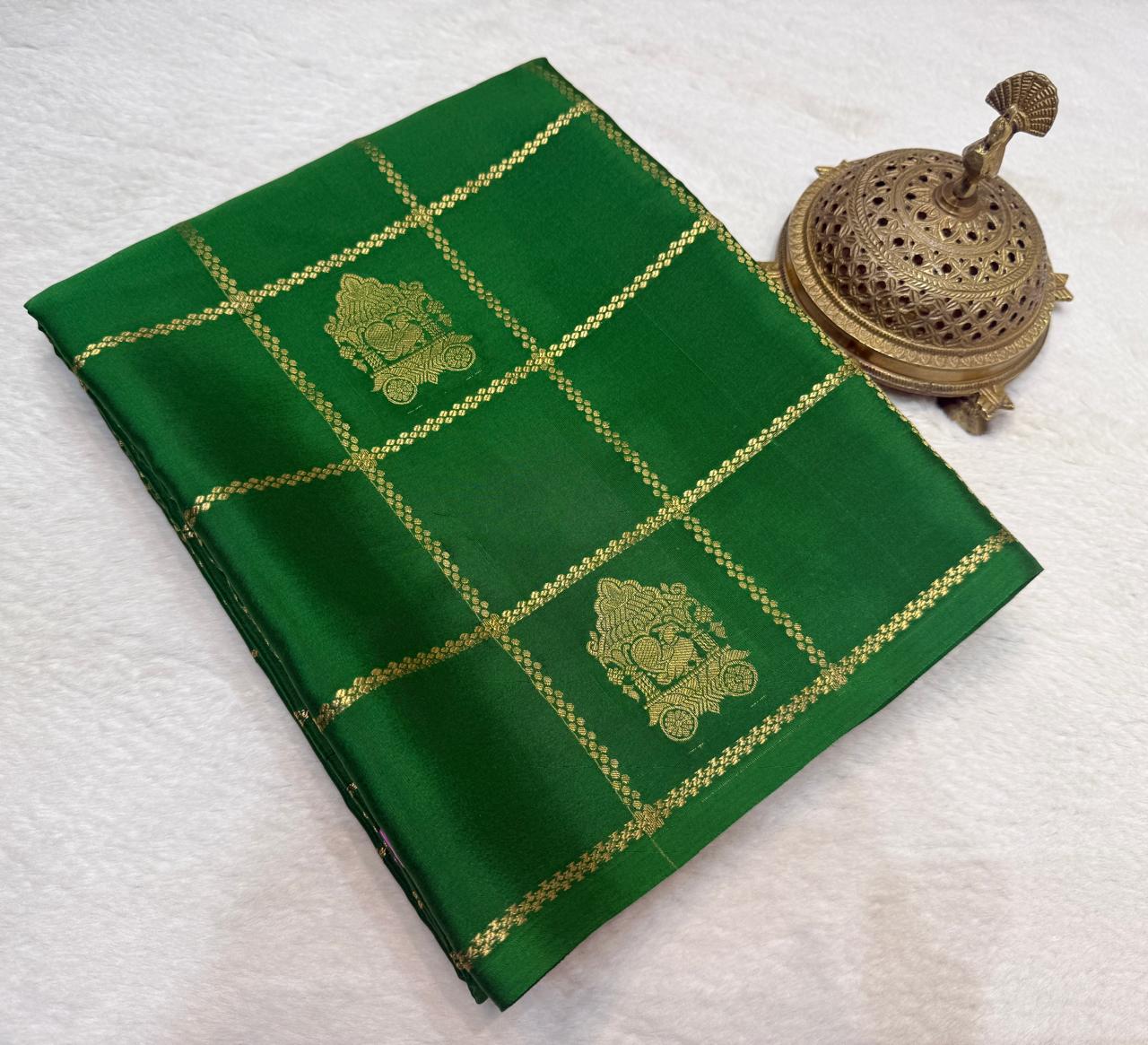 Semi Crepe Silk Saree – Borderless Checks with Chariot & Peacock Motifs | Rich Contrast Pallu