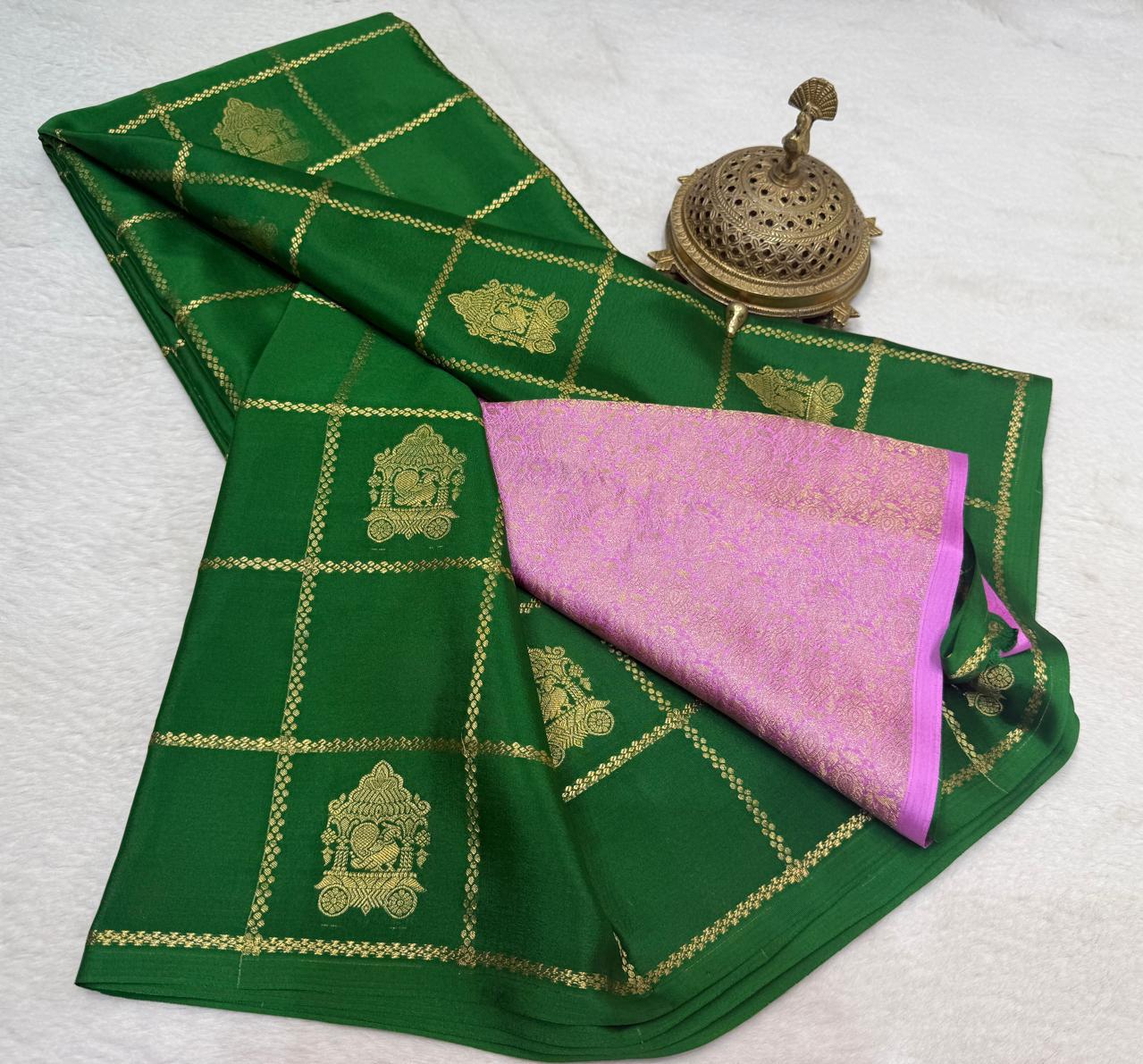 Semi Crepe Silk Saree – Borderless Checks with Chariot & Peacock Motifs | Rich Contrast Pallu