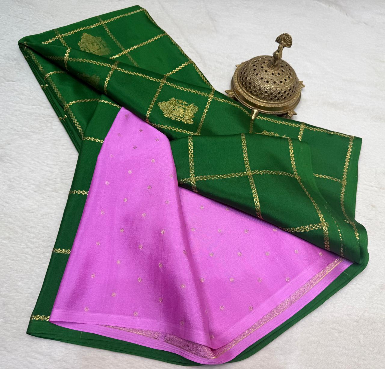 Semi Crepe Silk Saree – Borderless Checks with Chariot & Peacock Motifs | Rich Contrast Pallu