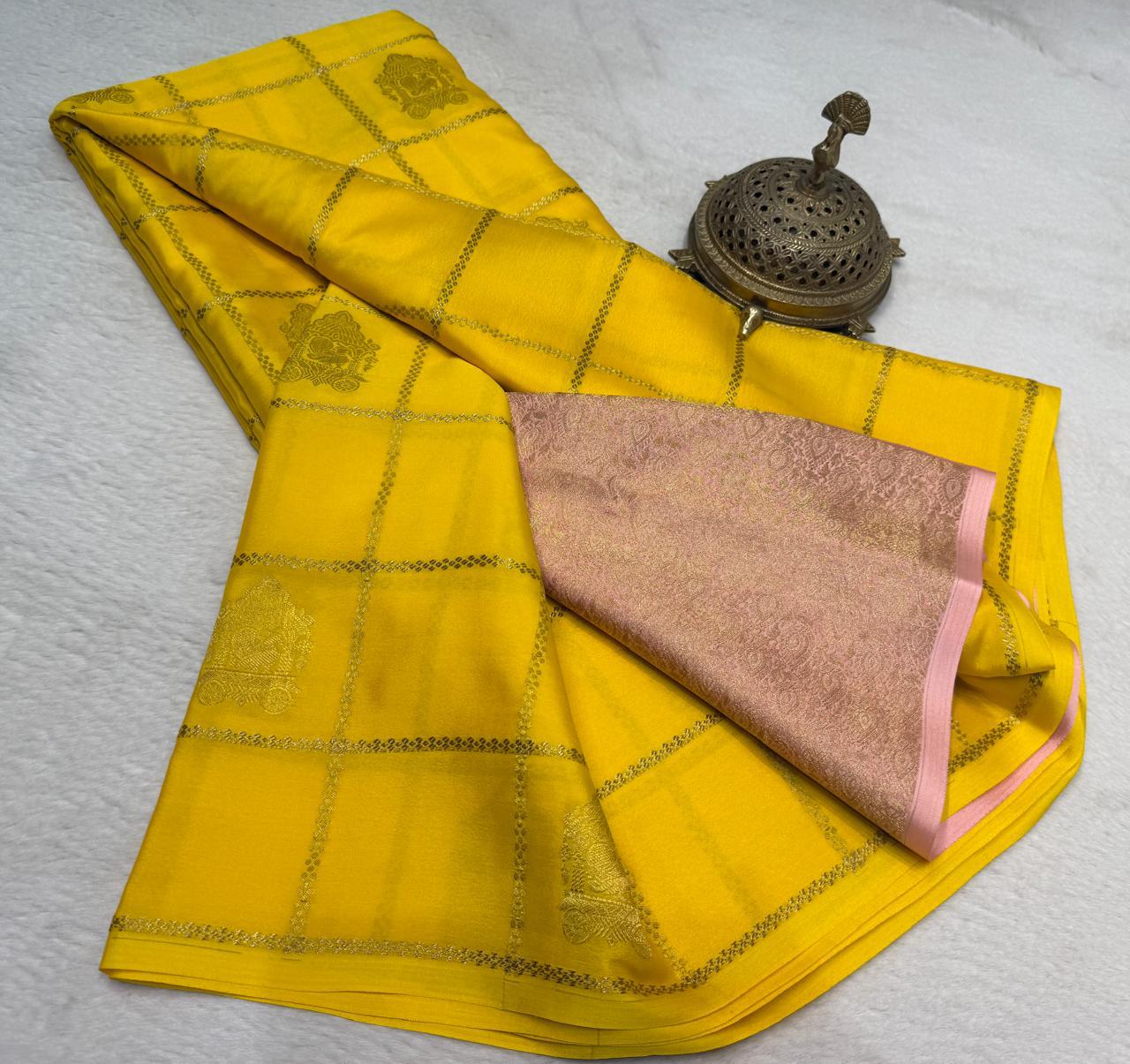 Semi Crepe Silk Saree – Borderless Checks with Chariot & Peacock Motifs | Rich Contrast Pallu