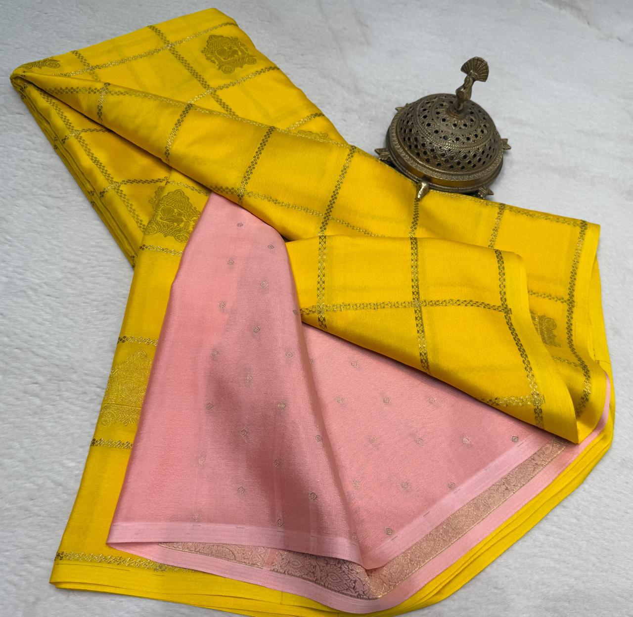 Semi Crepe Silk Saree – Borderless Checks with Chariot & Peacock Motifs | Rich Contrast Pallu