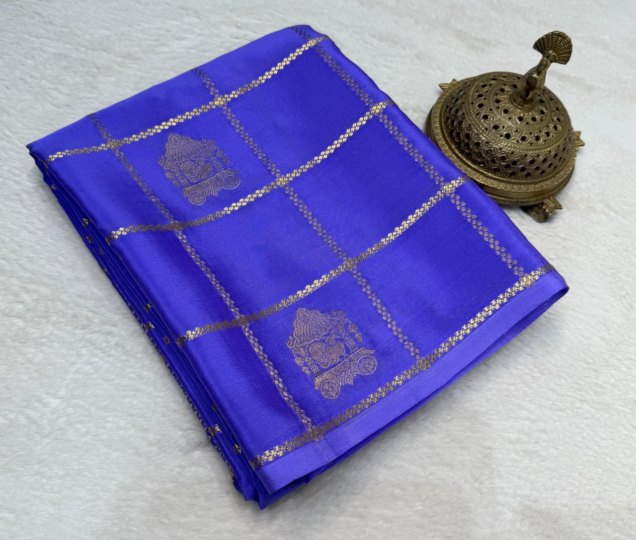 Semi Crepe Silk Saree – Borderless Checks with Chariot & Peacock Motifs | Rich Contrast Pallu