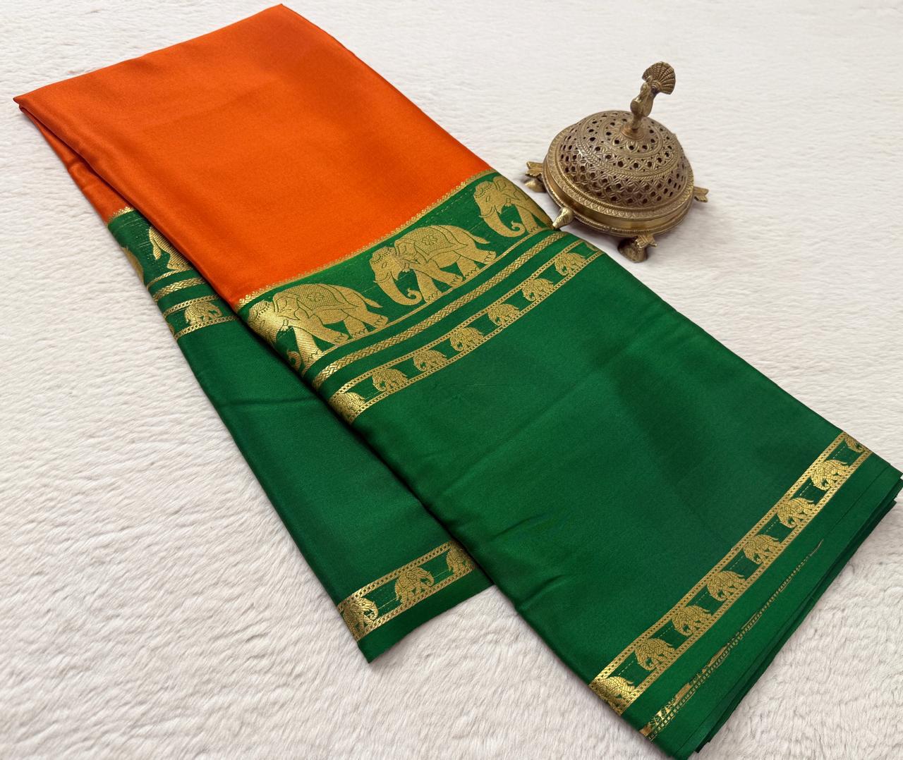 Semi-Crepe Silk Saree with Elephant Bentex Border | Contrast Color Designer Saree
