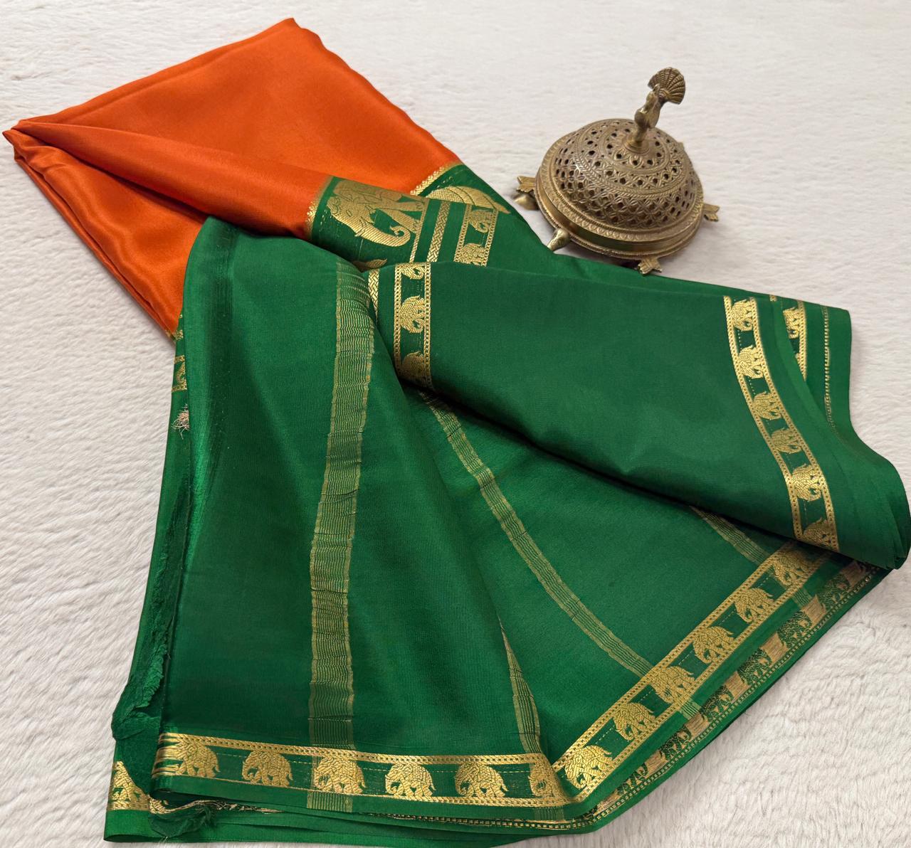 Semi-Crepe Silk Saree with Elephant Bentex Border | Contrast Color Designer Saree
