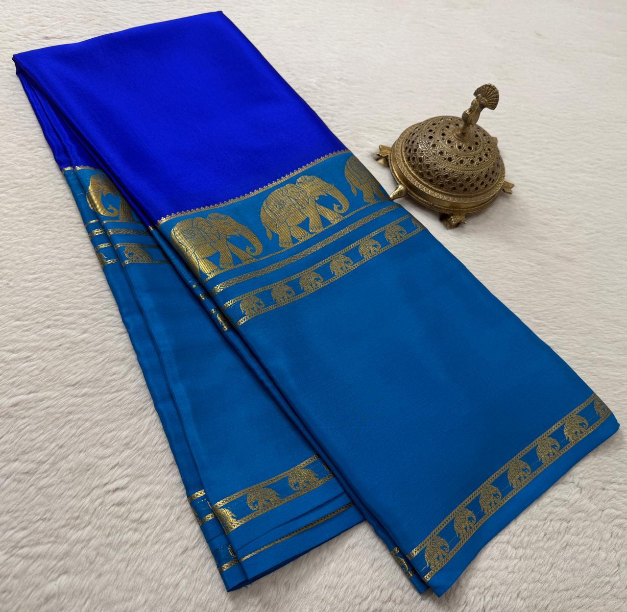 Semi-Crepe Silk Saree with Elephant Bentex Border | Contrast Color Designer Saree