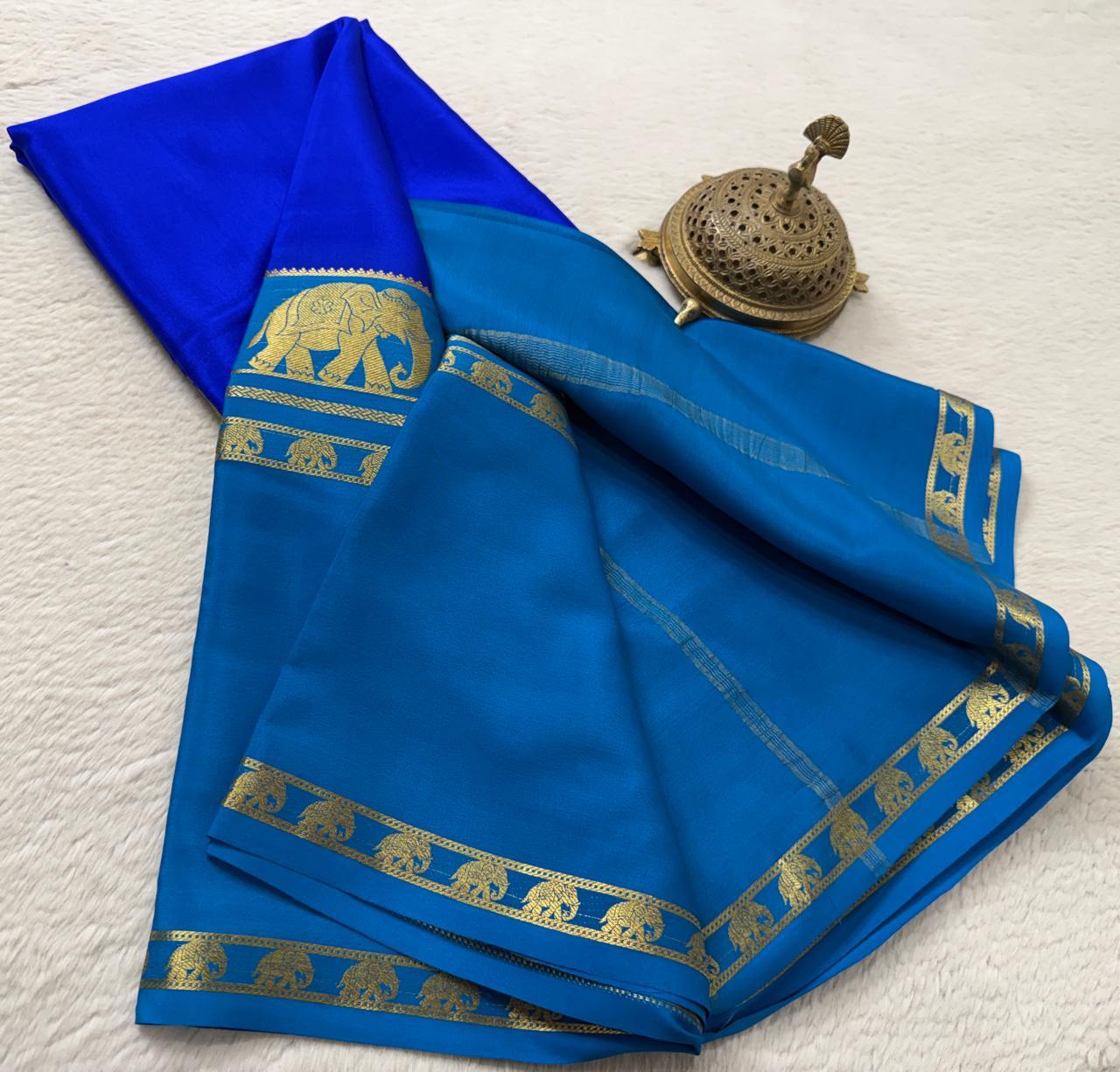 Semi-Crepe Silk Saree with Elephant Bentex Border | Contrast Color Designer Saree