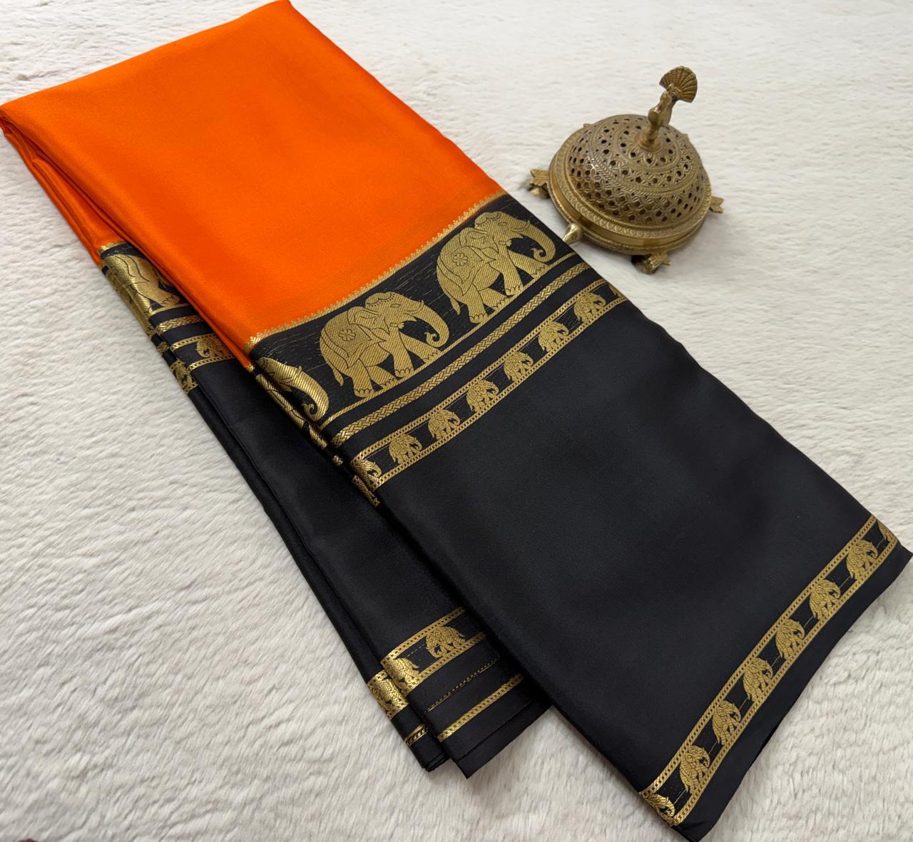 Semi-Crepe Silk Saree with Elephant Bentex Border | Contrast Color Designer Saree