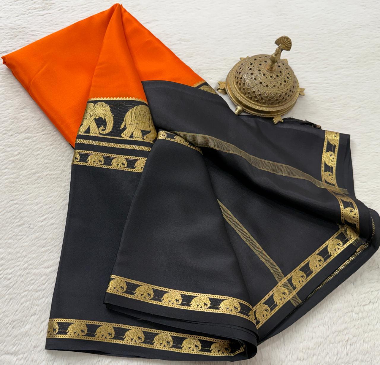 Semi-Crepe Silk Saree with Elephant Bentex Border | Contrast Color Designer Saree