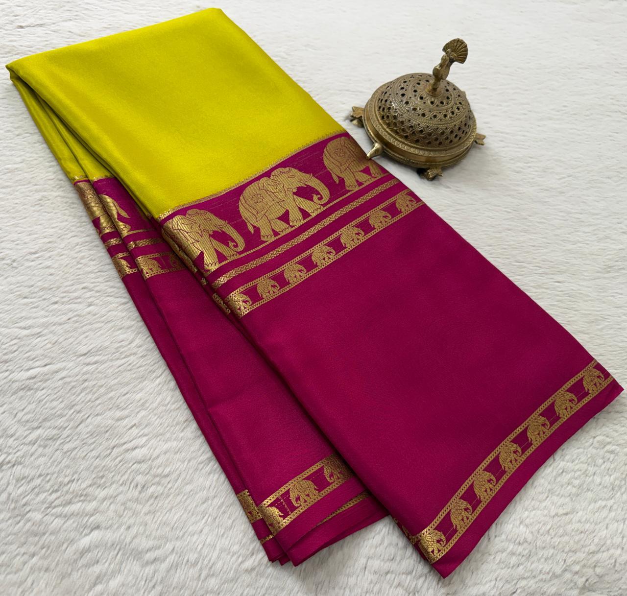 Semi-Crepe Silk Saree with Elephant Bentex Border | Contrast Color Designer Saree