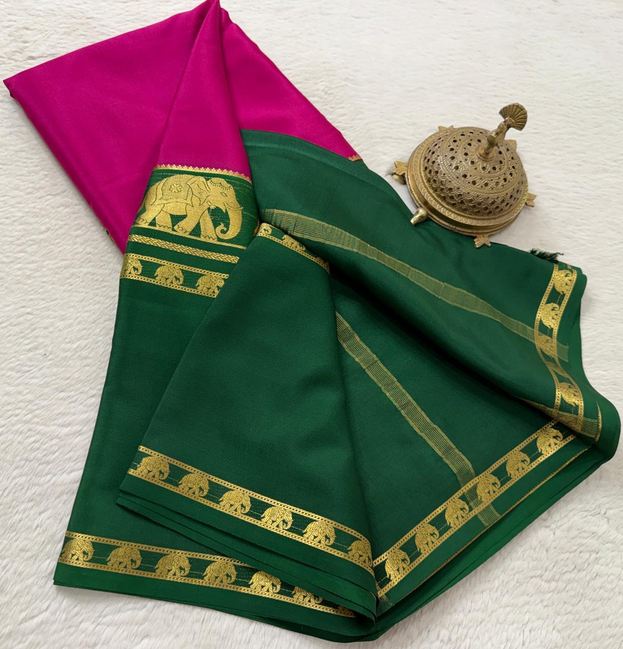 Semi-Crepe Silk Saree with Elephant Bentex Border | Contrast Color Designer Saree