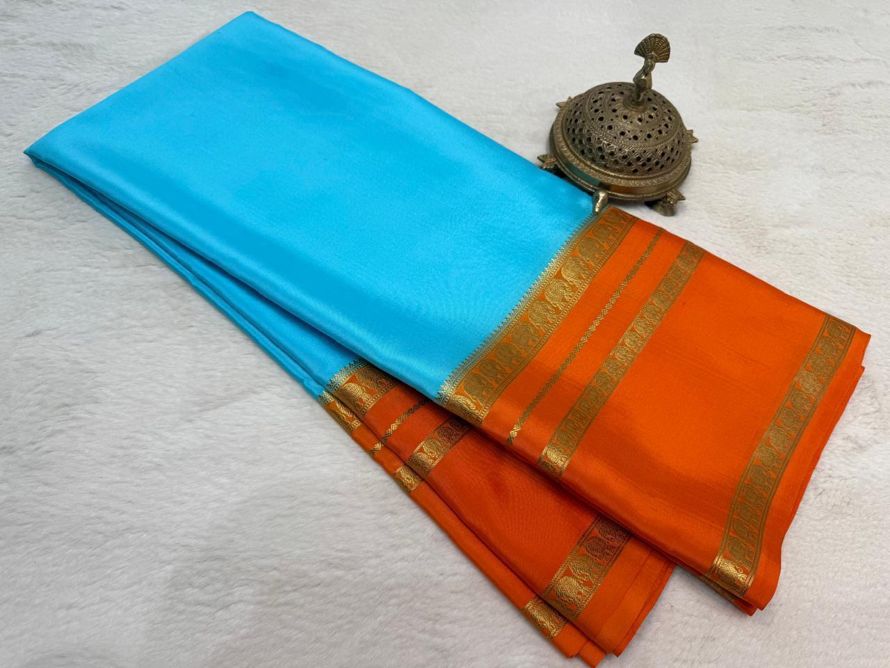 Semi-Crepe Silk Saree with Elephant Bentex Border | Contrast Color Designer Saree