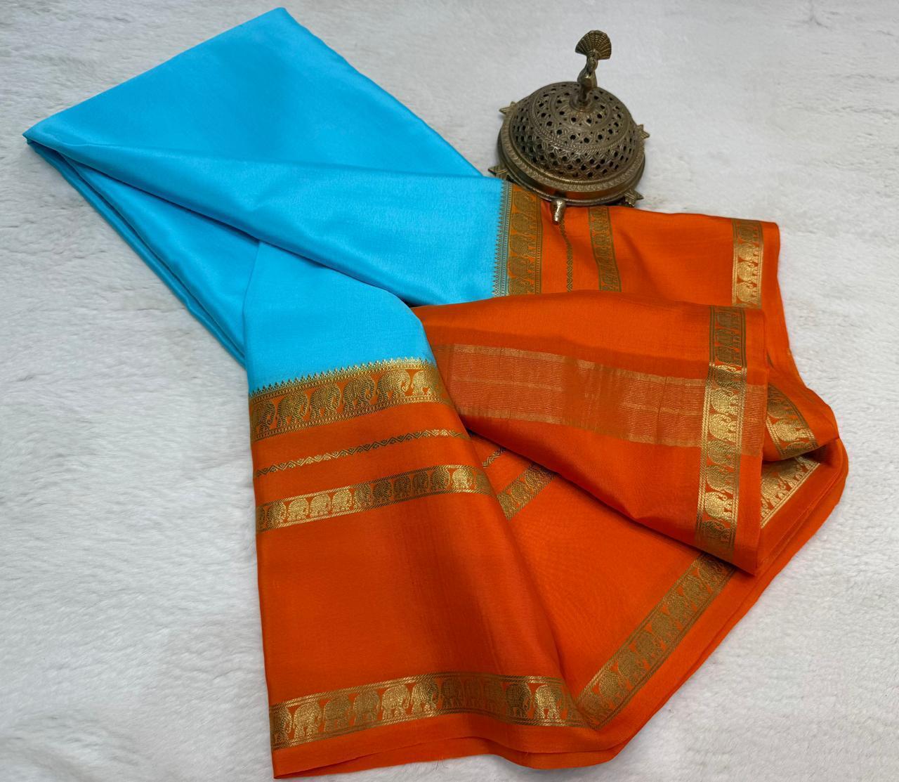 Semi-Crepe Silk Saree with Elephant Bentex Border | Contrast Color Designer Saree