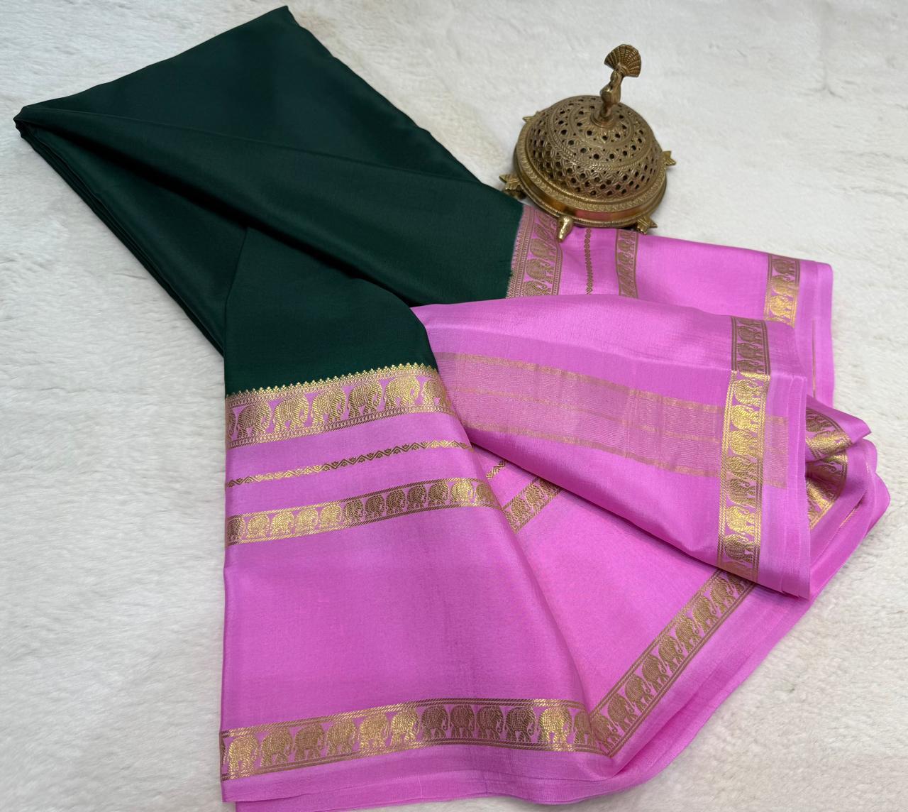 Semi-Crepe Silk Saree with Elephant Bentex Border | Contrast Color Designer Saree