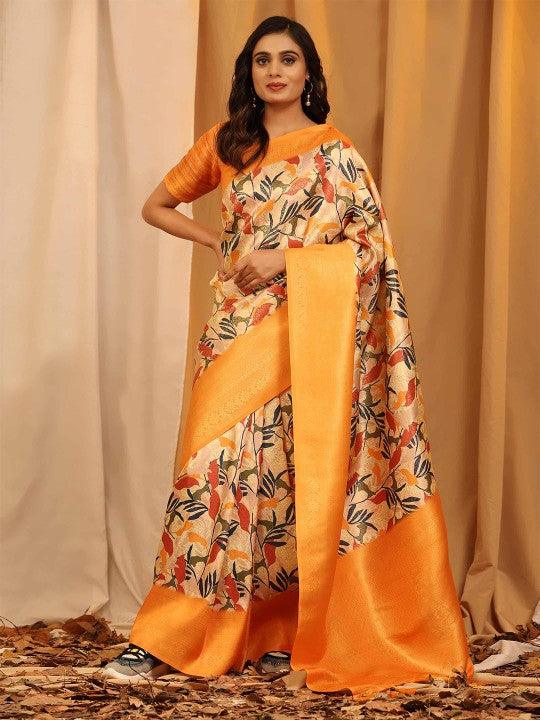 Modern Elegance: Digitally Printed Soft Silk Sarees in Orange