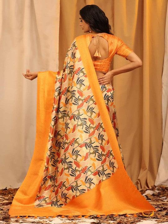 Modern Elegance: Digitally Printed Soft Silk Sarees in Orange