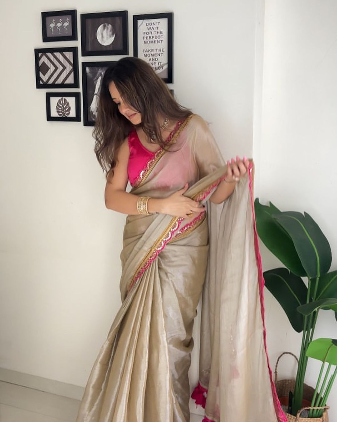 Gold and Pink Pure Crushed Tissue Silk by Icultuer