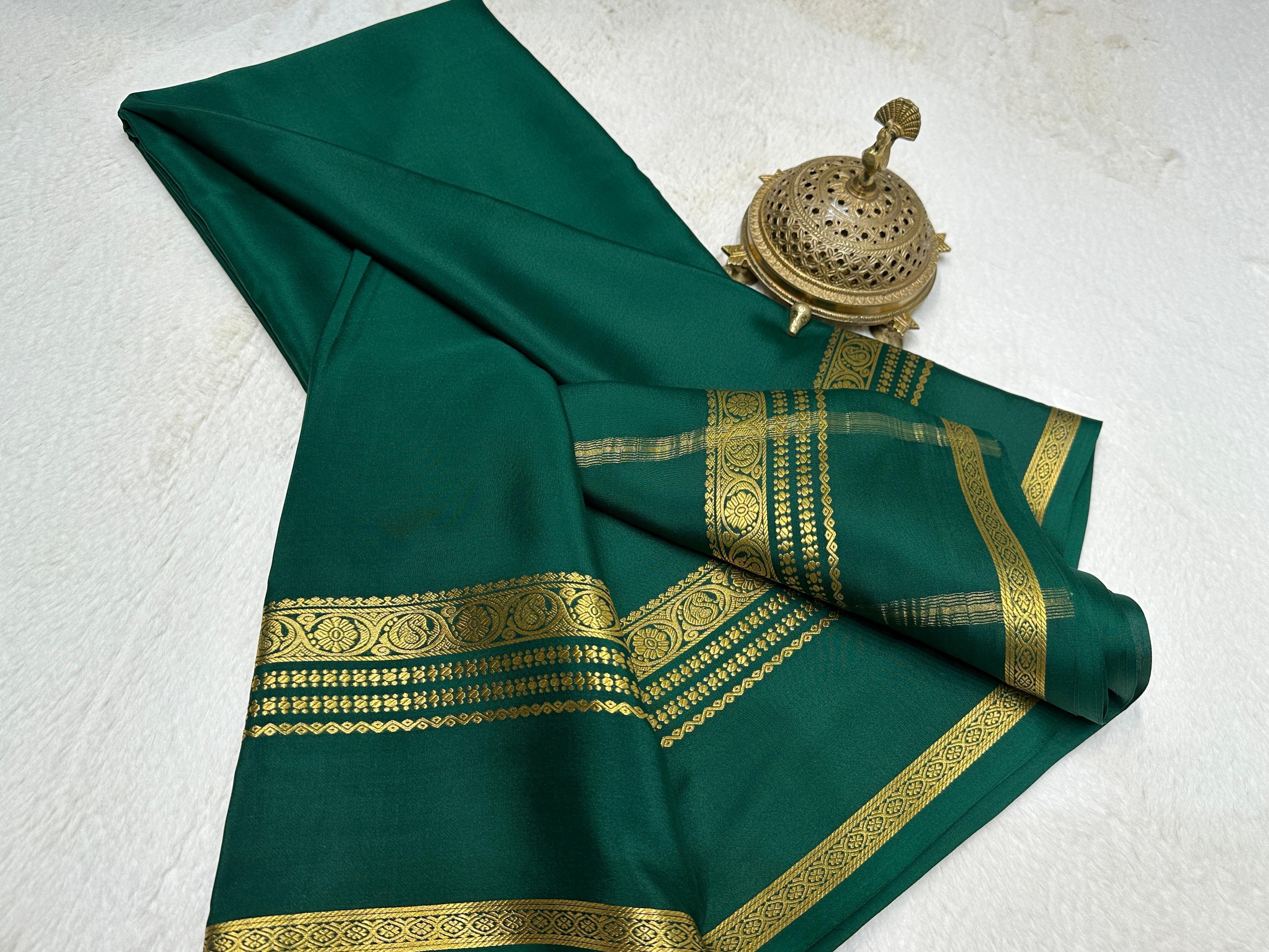 Bottle green plain four border pure mysore crepe silk by Icultuer
