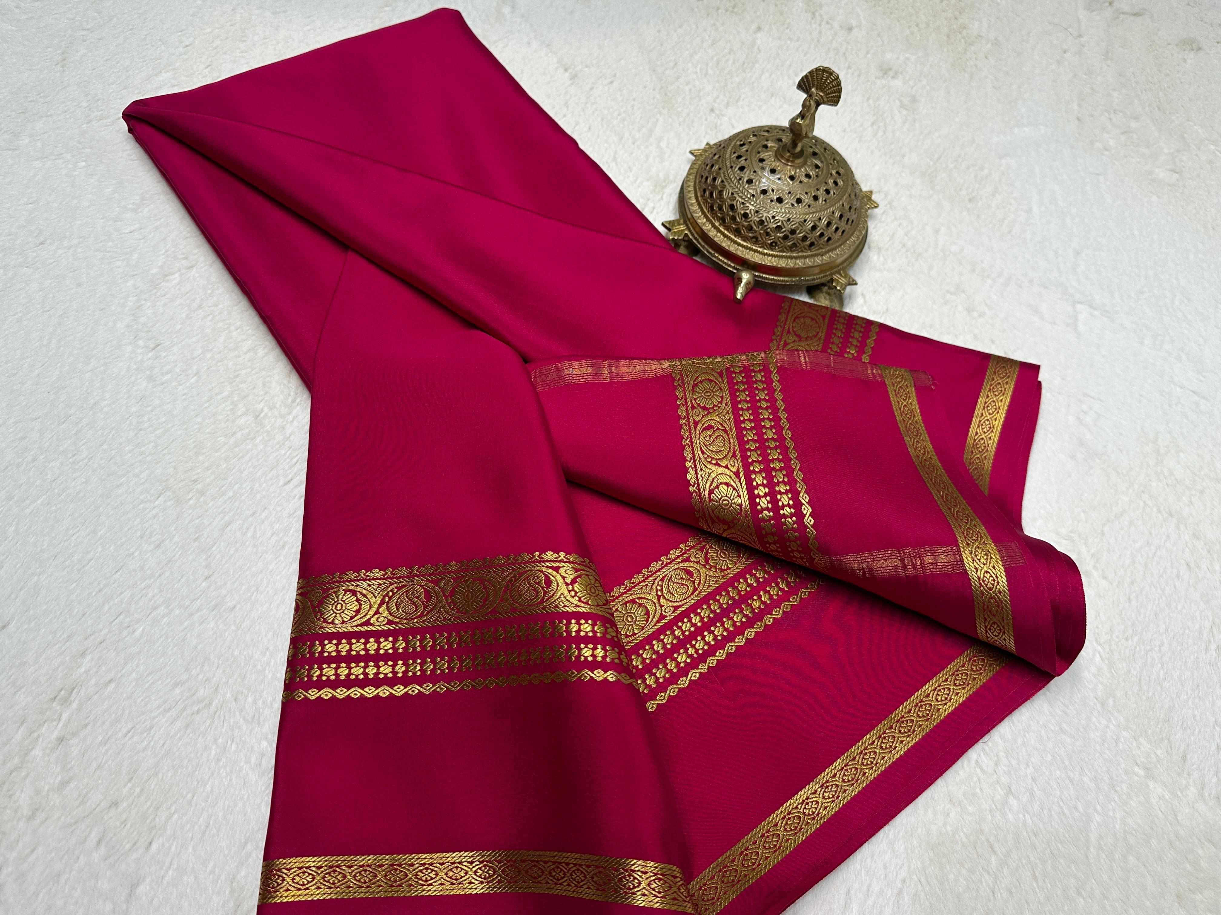 Pink Mysore Crepe Silk by Icultuer with Silver Zari Border